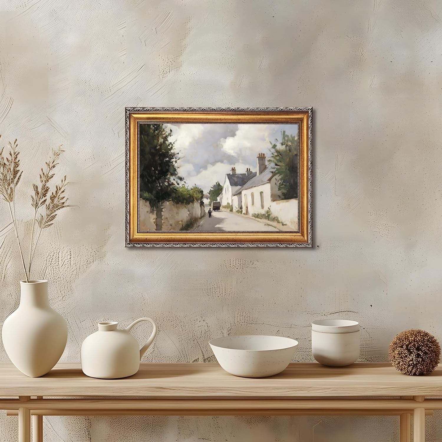 Large Framed Vintage Irish Cottage Street Oil Painting Poster Retro European Village Landscape Canvas Wall Art Sunlit Countryside Path Artwork Prints for Rusitc Farmhouse Home Decor 24x36inch