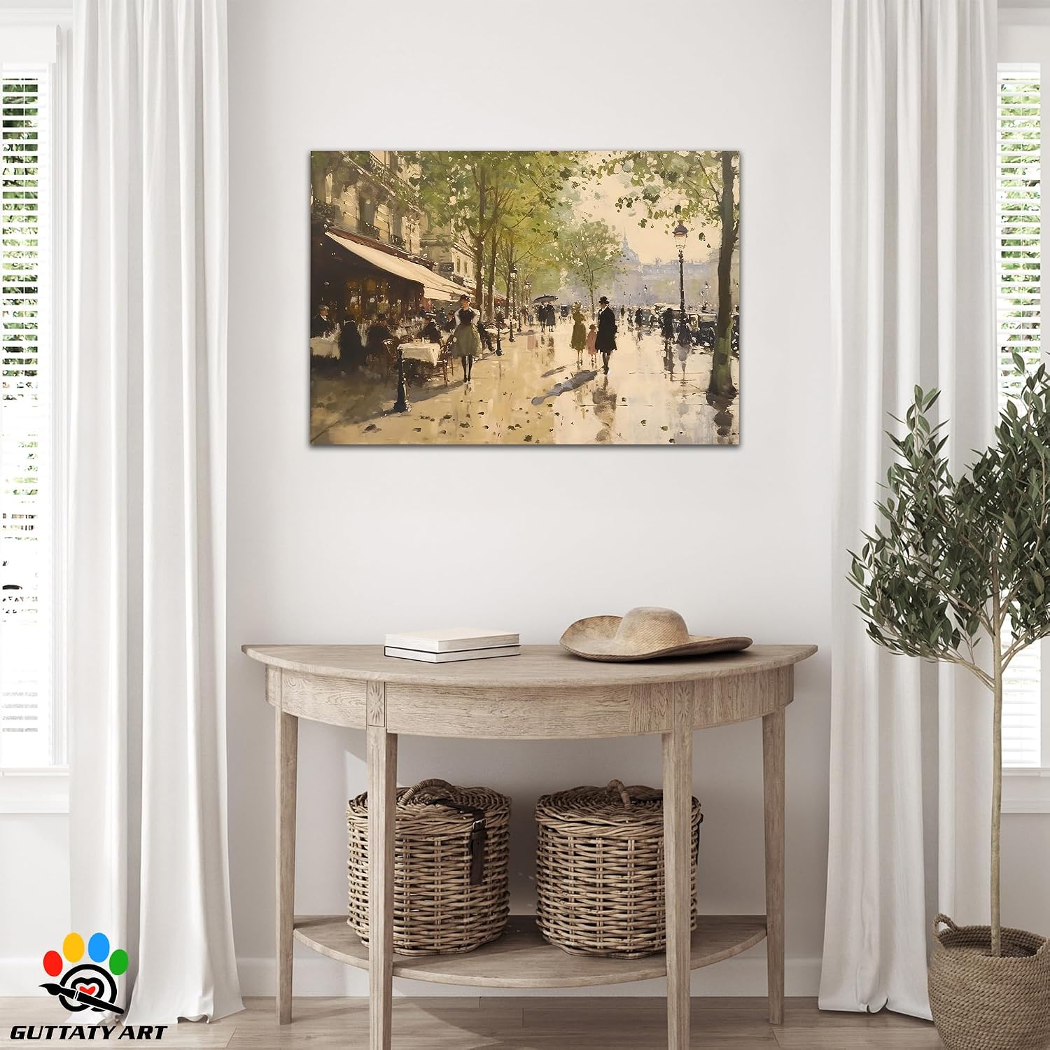French Country Decor Wall Art, Rustic Cityscape Landscape Paris Pictures, Retro French Bustling Streets Wall Poster, Antique French European Street Scene Posters for LivingRoom Bedroom 32x48 Inch