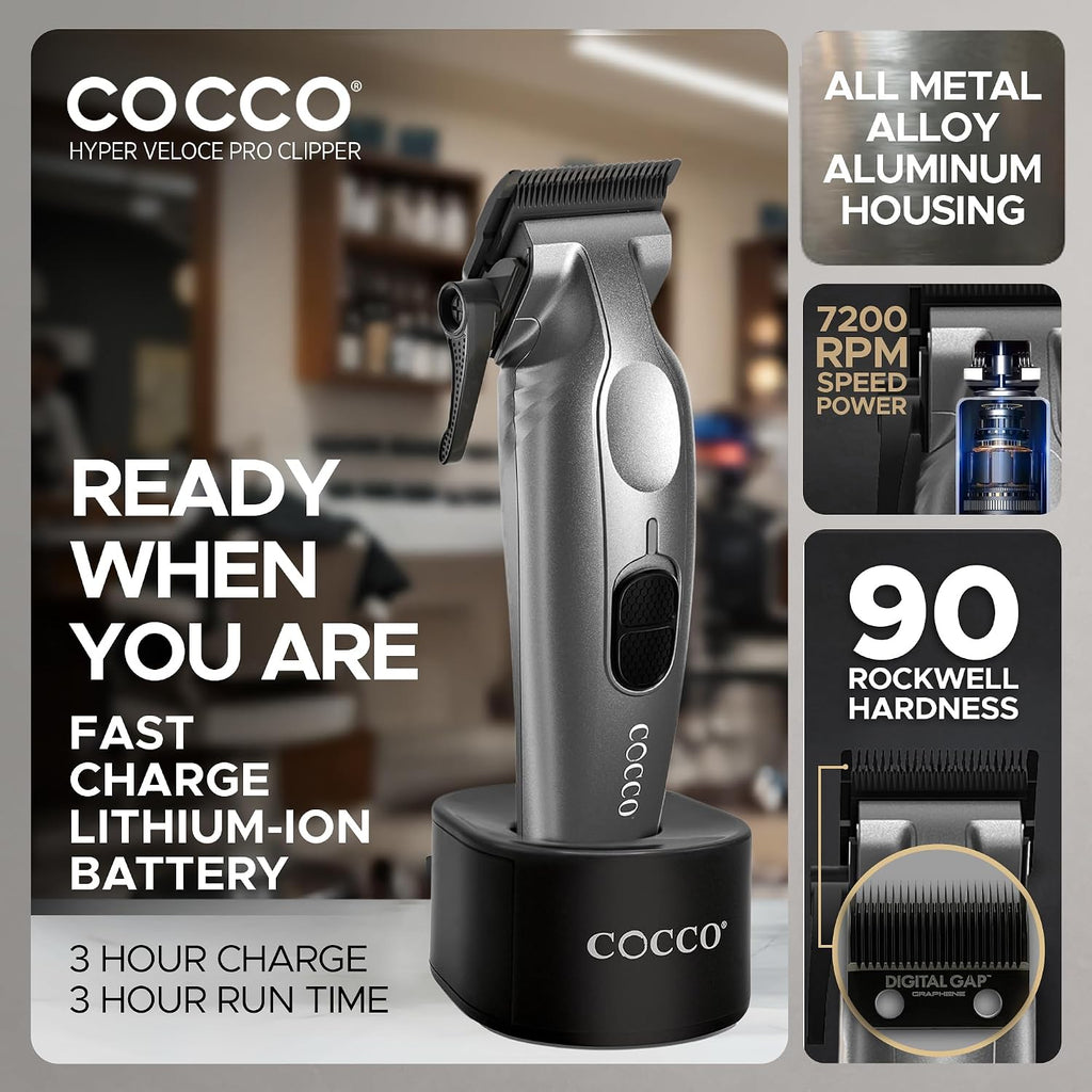 Cocco Veloce Pro Clipper, Digital Gap Ambassador Graphene Taper Blade Professional Hair Clippers, High-Torque BLDC Motor, All-Metal, Cordless, Charging Base Included