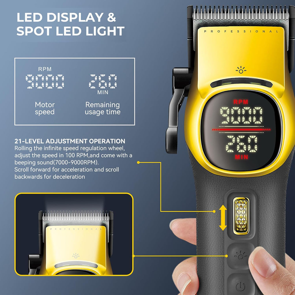 VGR 885 S2 Cordless Barber Clippers and Trimmers Kit, Professional Hair Clippers for Men, Haircut Kit with DLC-Coated Ceramic Blades, 21-Speed Roller, 2 Magnetic Charging Bases, LED Display, Gold