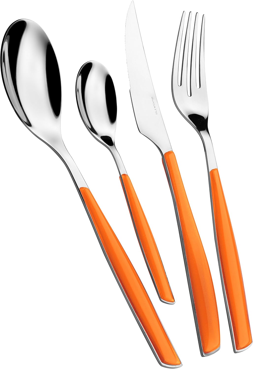 BUGATTI, Glamour 24 Piece Cutlery Set 18/10 Stainless Steel with Orange Handle 6 Person Cutlery Set 6 Spoons, 6 Forks, 6 Knives and 6 Teaspoons
