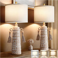 30'H Tall Boho Table Lamp Set of 2 for Bedroom Living Room, Handmade Tassels Antique Bedside Lamp, Adjustable with Memory Function Bulb, Linen Shade, Rotary Switch Resin Lamp for Nightstand Decor
