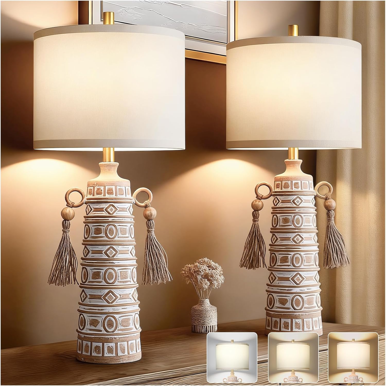 30'H Tall Boho Table Lamp Set of 2 for Bedroom Living Room, Handmade Tassels Antique Bedside Lamp, Adjustable with Memory Function Bulb, Linen Shade, Rotary Switch Resin Lamp for Nightstand Decor