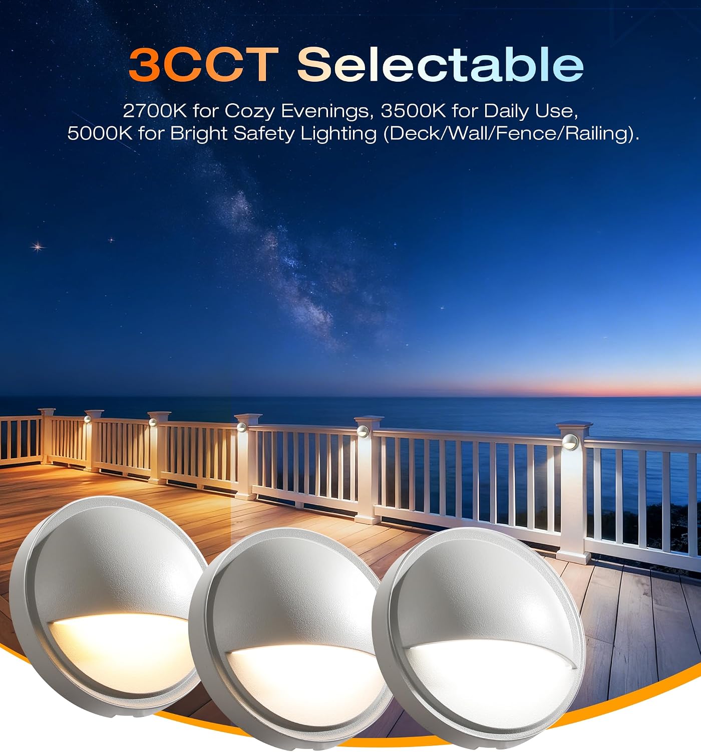 CLOUDY BAY [12 Pack] 3CCT Low Voltage LED Deck Lights Outdoor,2700K/3500K/5000K Selectable,Landscape Step Stair Railing Fence Light Wired,3W,12V-24V AC/DC Deck Lighting Fixtures,White