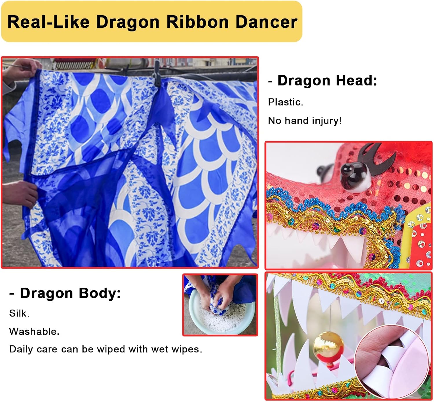Chinese New Year Dragon Body Ribbon Dancer - Real-Like Plastic Dragon Head - Silk Shaking Streamer - Washable - Perfect for Festivals and Celebrations