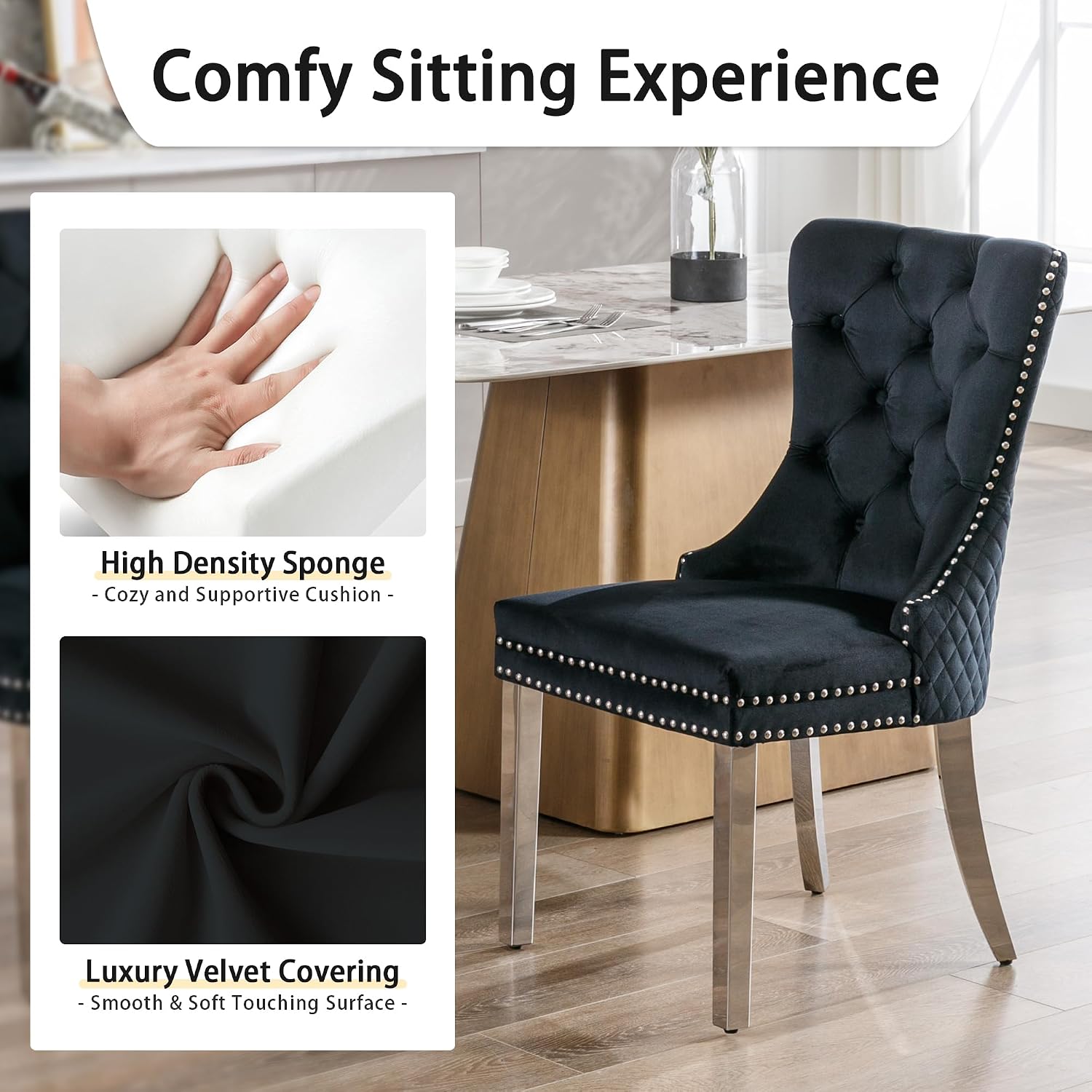 Velvet Dining Chairs Set of 2, Upholstered Dining Room Chairs, Mid-Century Modern Chairs with Diamond Lattice Tufted Back, Lion Pull Ring Rivet Trim, Silver Metal Legs for Kitchen, Black