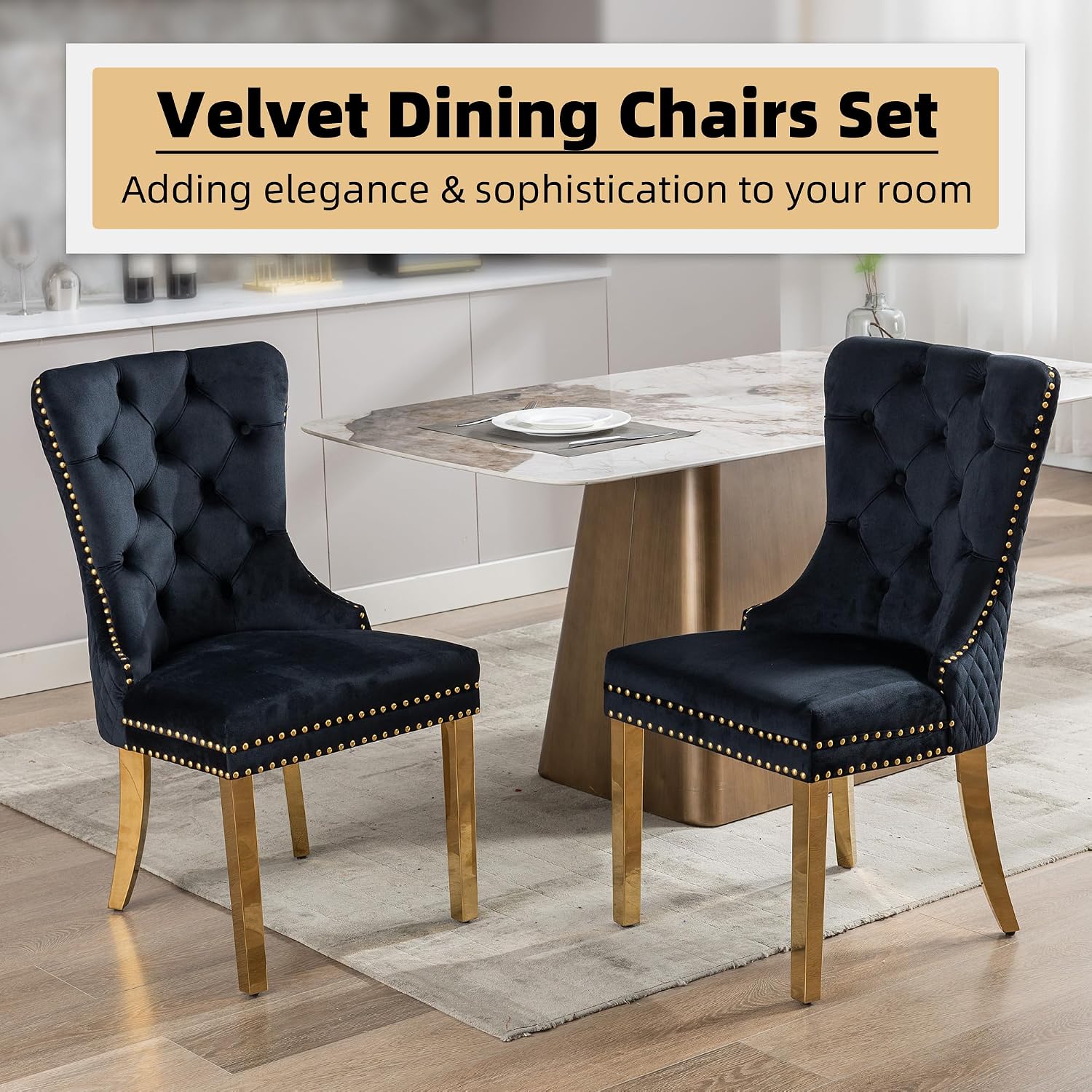 Velvet Dining Chairs Set of 2, Upholstered Dining Room Chairs, Mid-Century Modern Chairs with Diamond Lattice Tufted Back, Lion Pull Ring Rivet Trim, Golden Metal Legs for Kitchen, Black