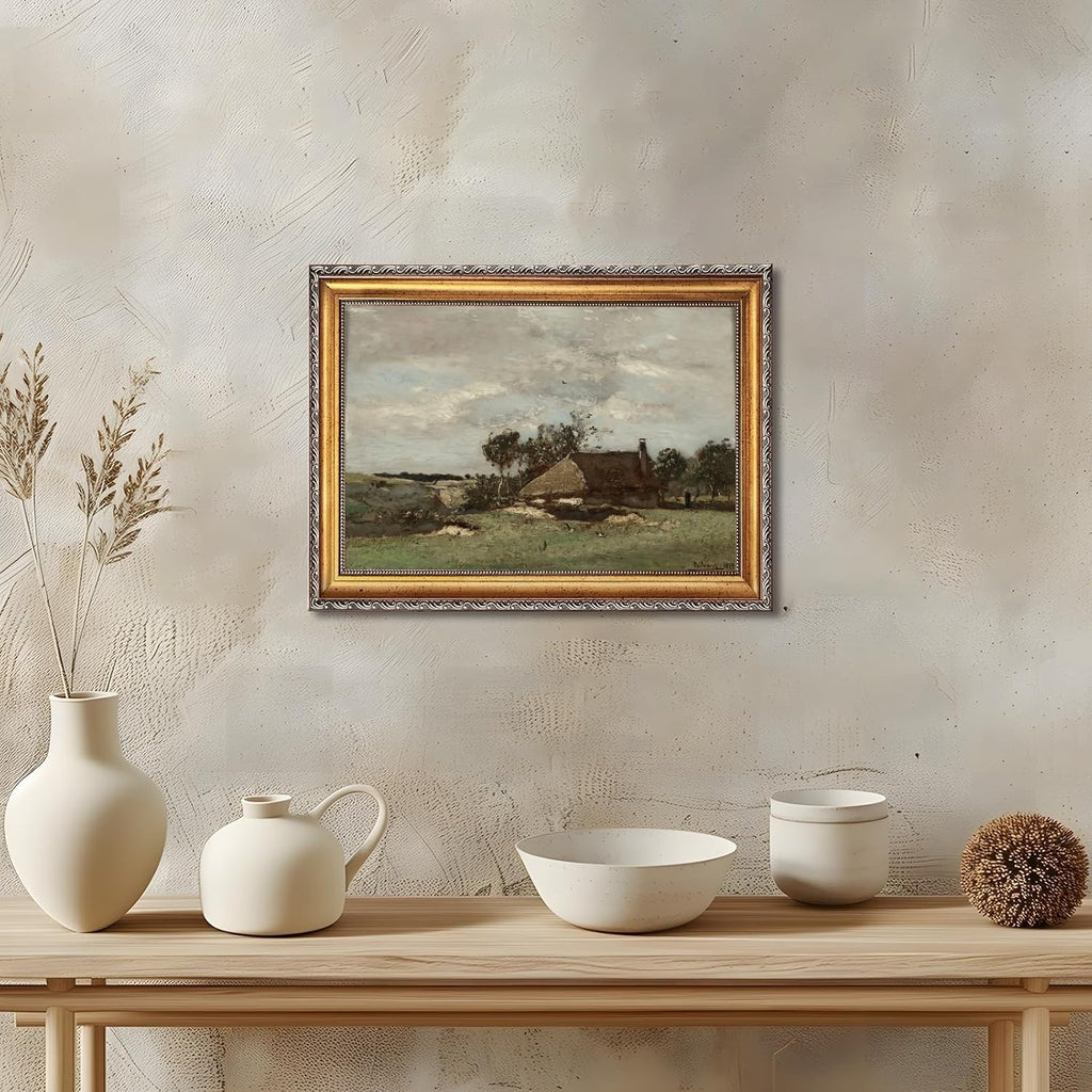 Large Framed Pastoral European Farm Landscape Art Painting Rustic Rural Scene Nature Canvas Wall Art Vintage Farmhouse Pictures Decor Natural Country Print Artwork for Living Room Bedroom 24x36inch