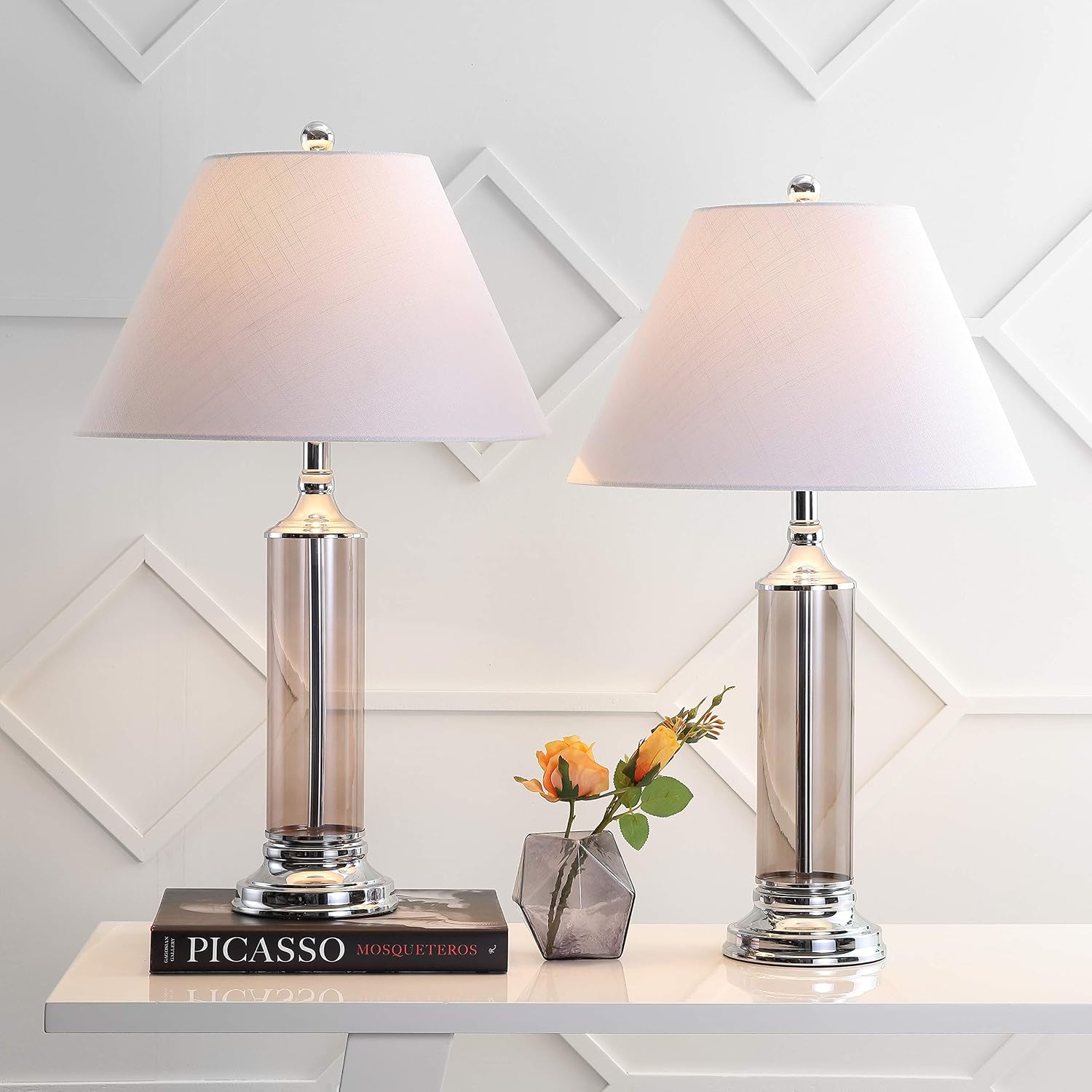 JONATHAN Y 29' Smoked Gray Glass LED Table Lamp Set of 2, Modern Bedside Nightstand Lamps for Living Room Bedroom Office, White Linen Shade, Transitional Decor (JYL4014B-SET2)