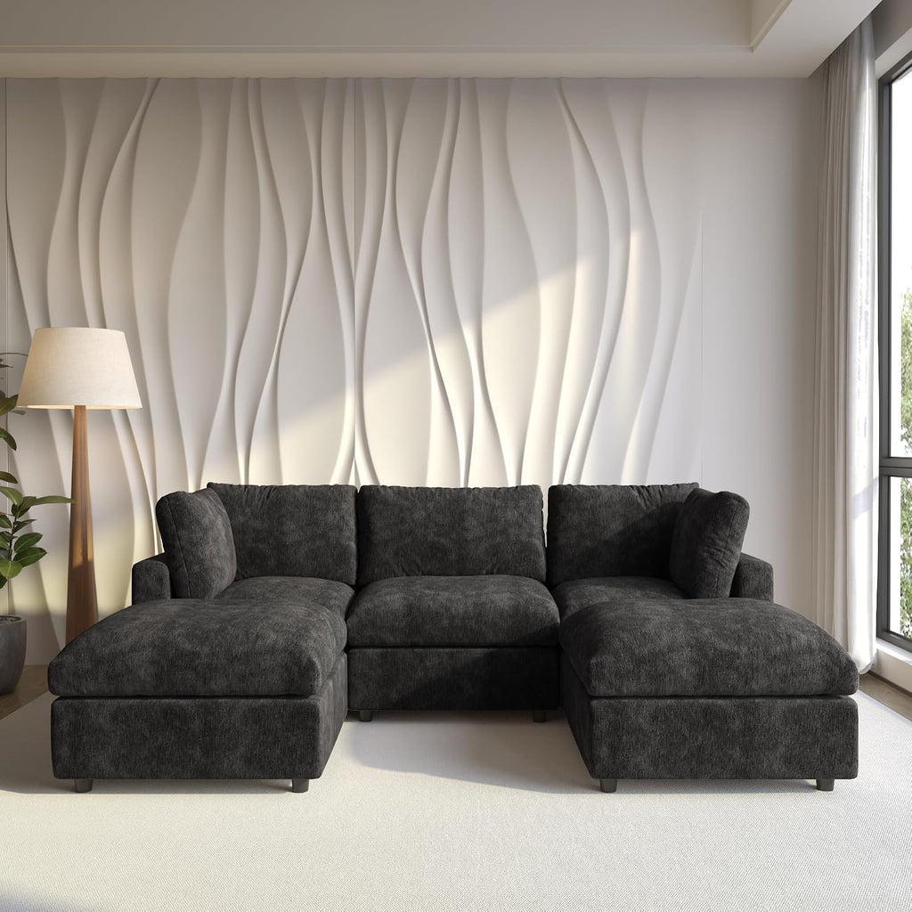 Cloud Couch Modular Sectional Sofa,100.5' U Shaped Couch, Oversized Convertible Wide Seater,3 Seater with 2 Ottomans for Living Room Set, Covers Washable&,Black