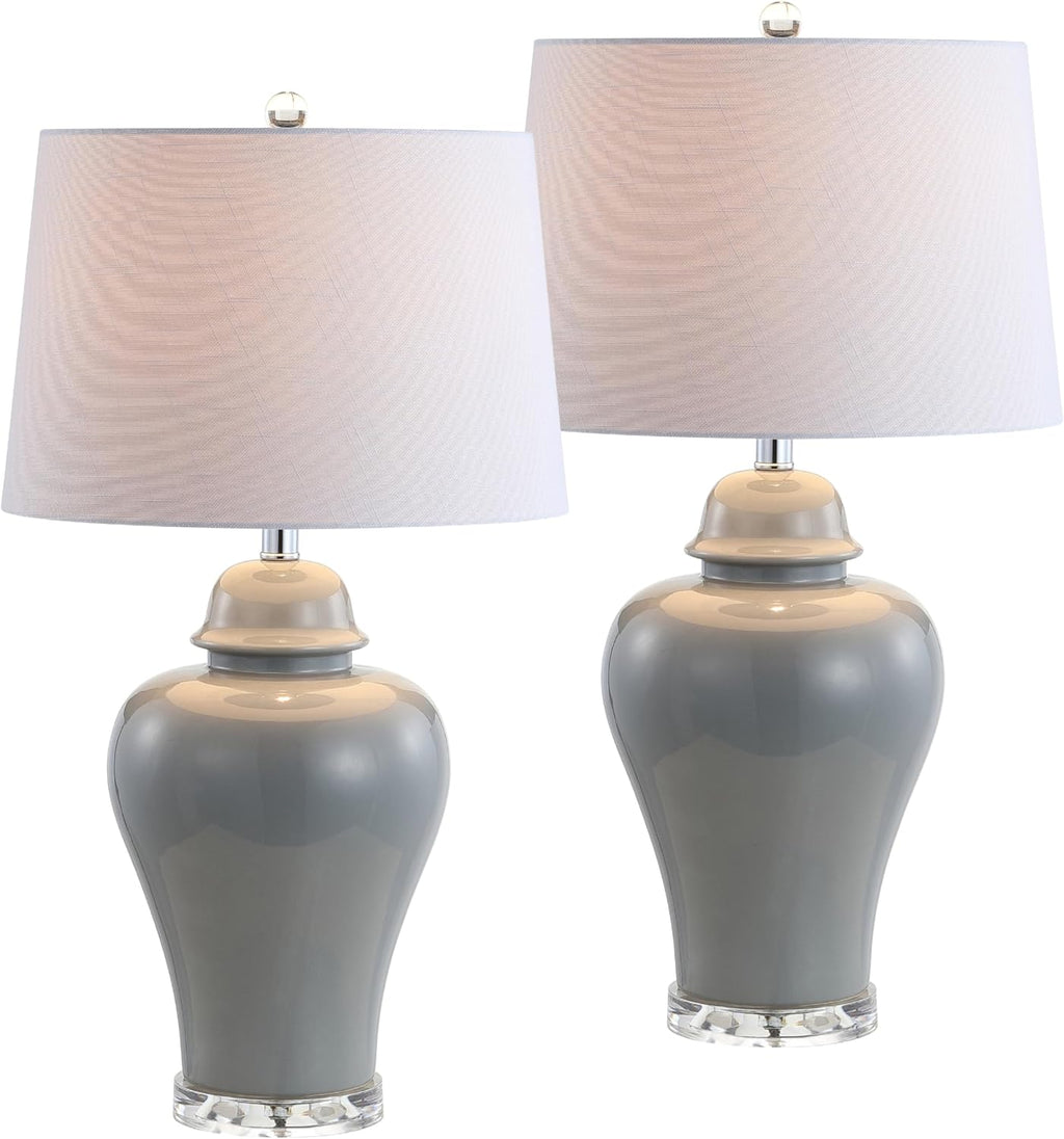 JONATHAN Y 27' Gray Ceramic Urn Table Lamp Set of 2 for Living Room, Bedside Nightstand Lamps for Bedroom, Farmhouse Decor with White Linen Shade, LED Bulbs Included JYL4020A-SET2