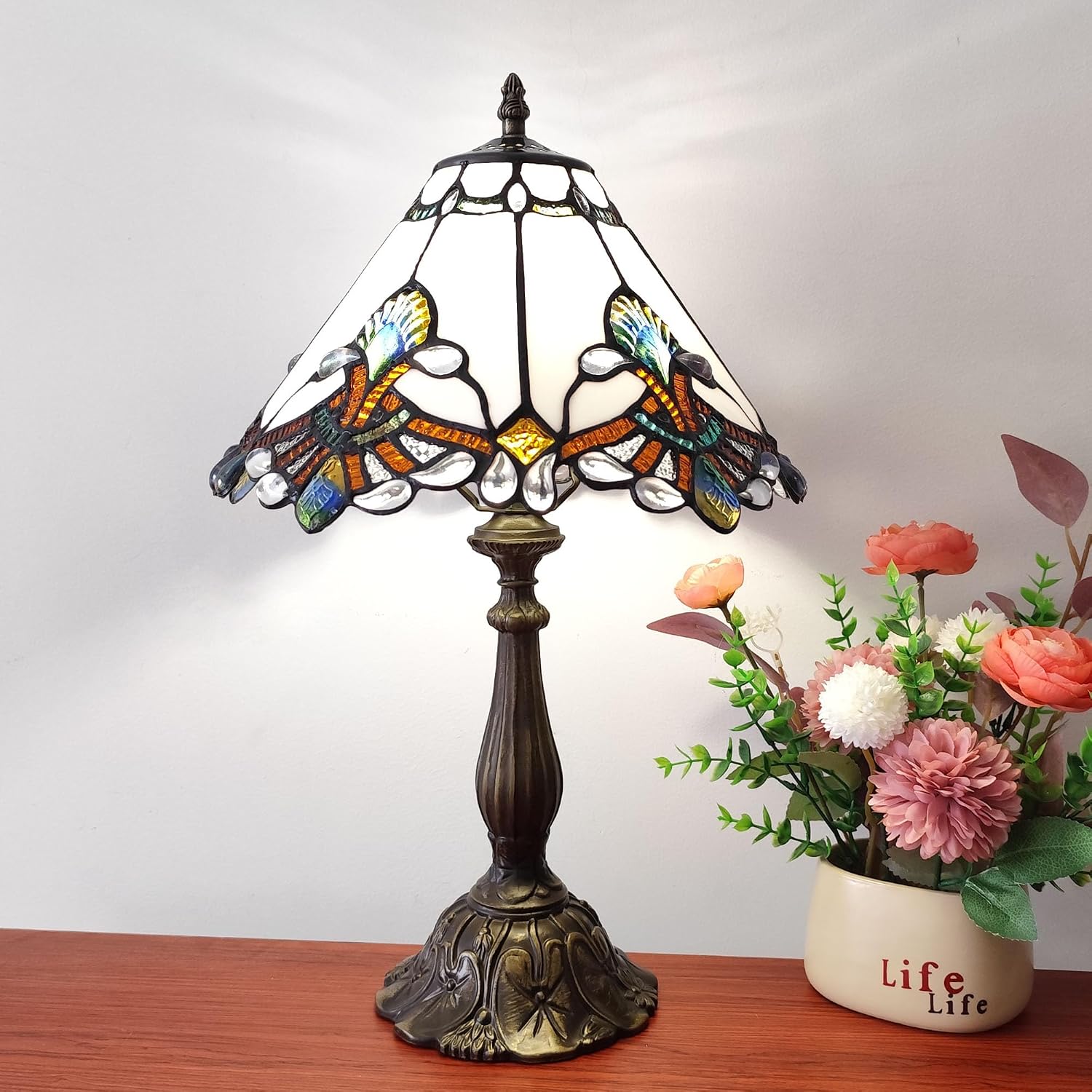 Tiffany Lamp White Baroque Style Stained Glass Lamp 12X12X19 inch Vintage Bedroom Table lamp 3-Way Tiffany Style Reading Desk Light for Home Living Room Office Include Light Bulb