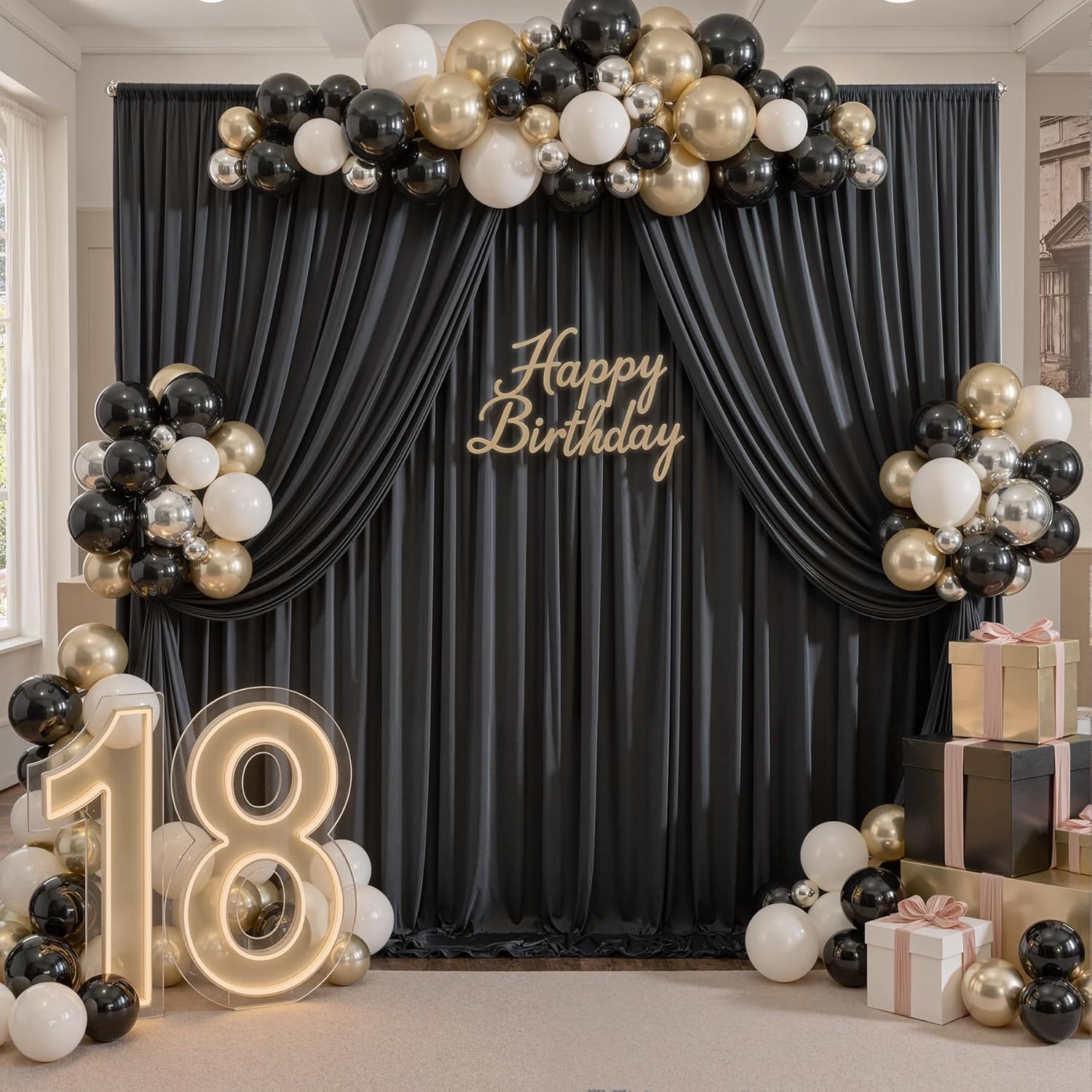 Black Backdrop Curtain for Parties, 10 Panels Wrinkle Free Polyester Photo Backdrop Drapes for Weddings Birthday Anniversary Graduation Stage Photography Background Curtains Bulk, 50 ft x 10 ft