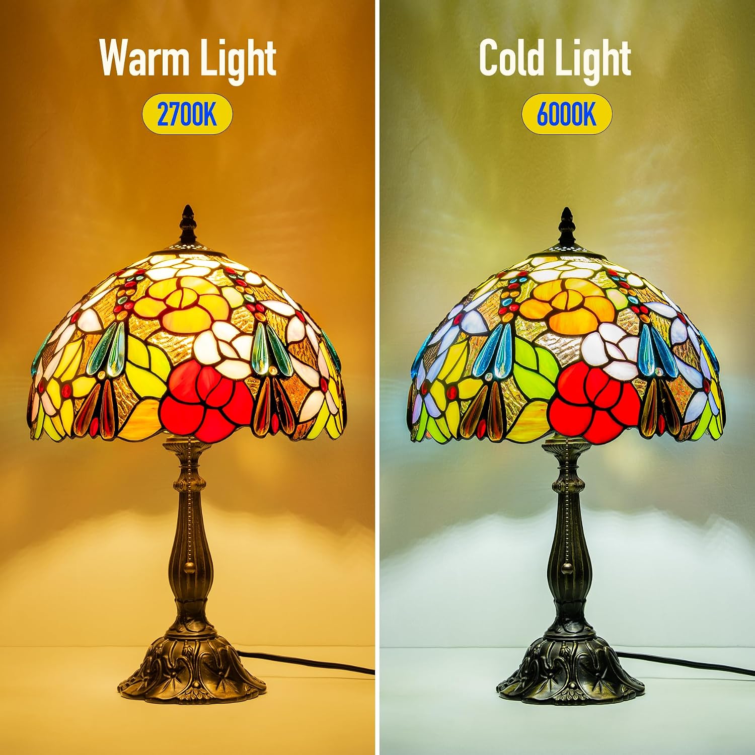 Tiffany Style Table Lamp, Stained Glass Bedside Lamp with Flower Floral Design, Vintage Handcrafted Nightstand Lamp for Living Room Bedroom Home Office