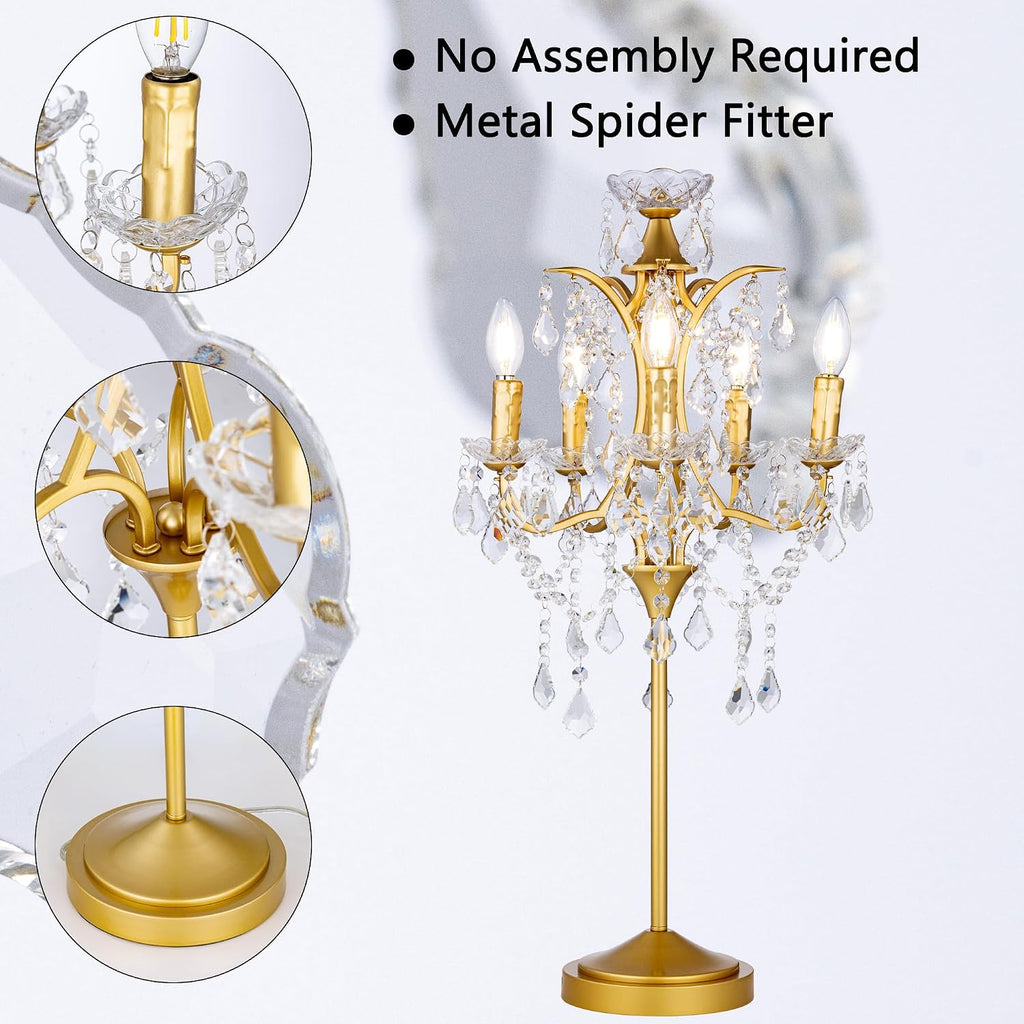 TOCHIC 5-Light Farmhouse Traditional Crystal Table Lamp, Golden Craft Candelabra Lighting Fixture 30'' Tall for Living Room, Reading Room, Bedroom, Office