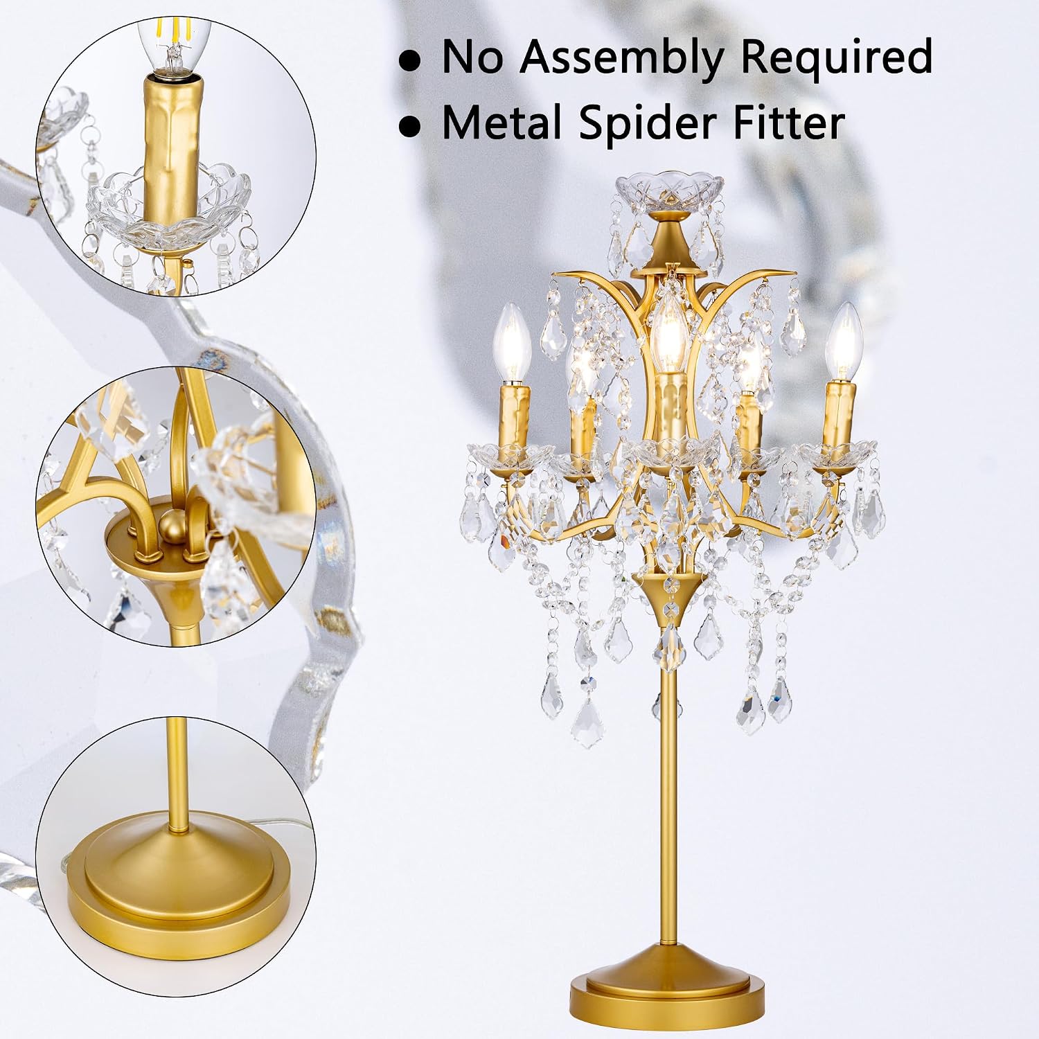 TOCHIC 5-Light Farmhouse Traditional Crystal Table Lamp, Golden Craft Candelabra Lighting Fixture 30'' Tall for Living Room, Reading Room, Bedroom, Office