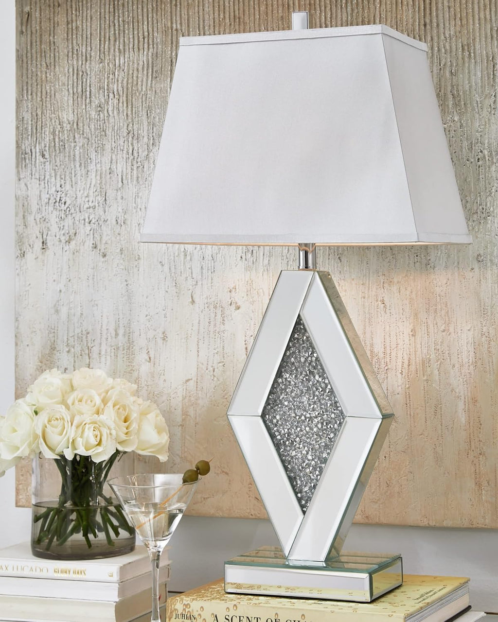 Signature Design by Ashley Prunella 30' Glam Crystal Bead Mirrored Glass Table Lamp, Silver