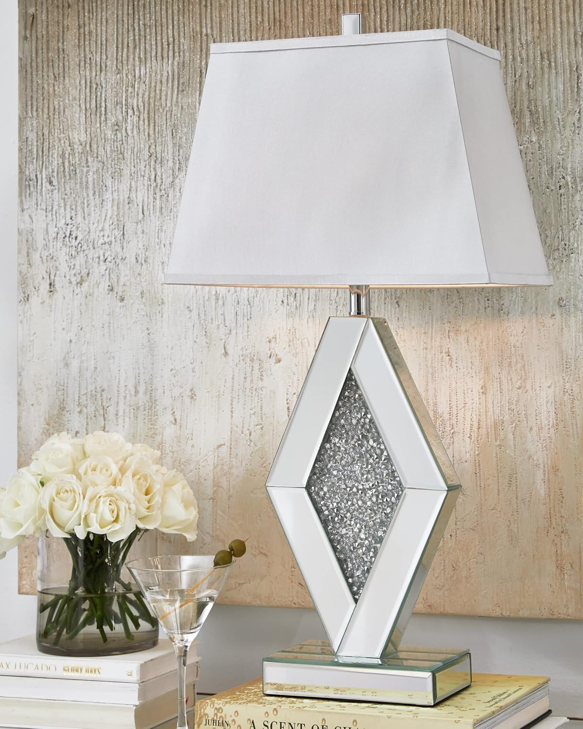 Signature Design by Ashley Prunella 30' Glam Crystal Bead Mirrored Glass Table Lamp, Silver