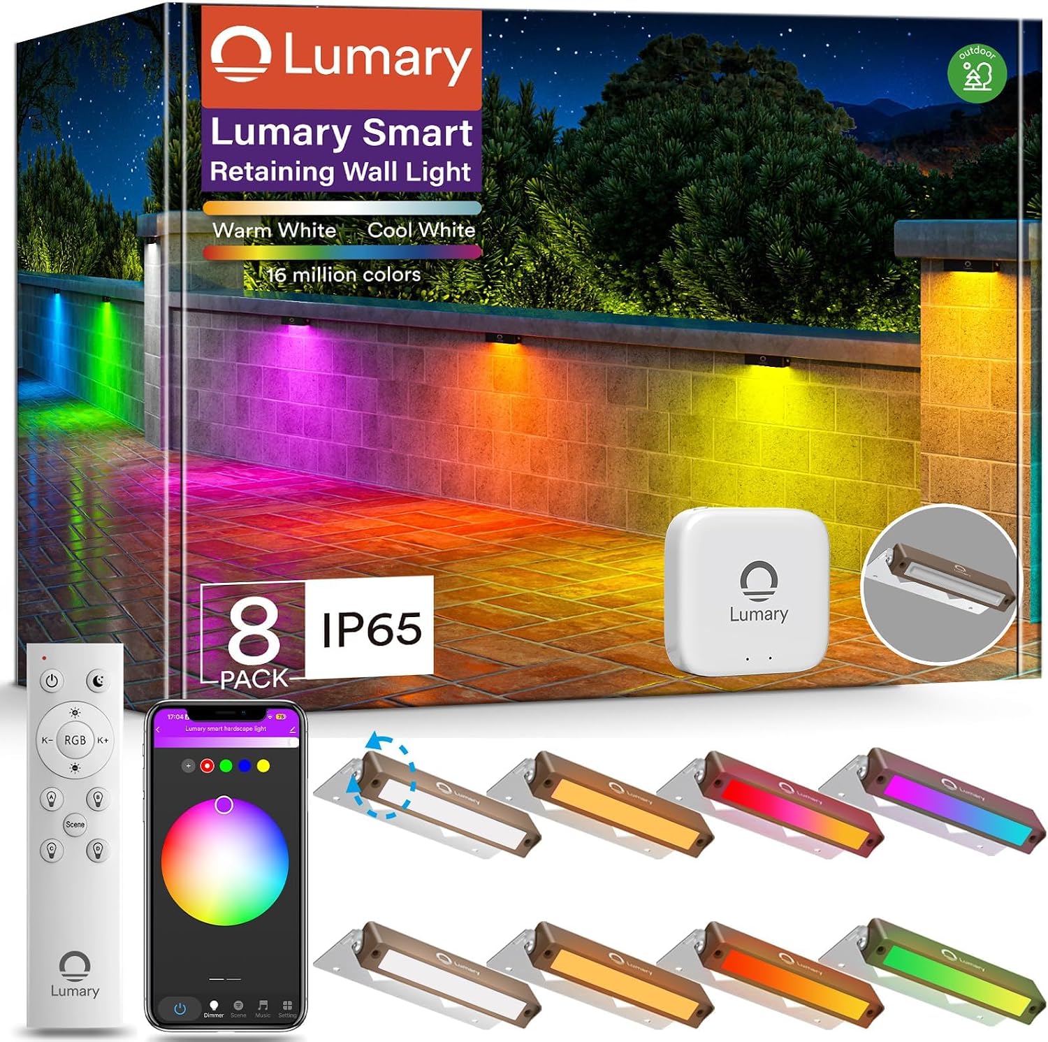 Lumary 8 Pack 12-24V Low Voltage Retaining Wall Lights with Hub, 7 Inch Smart LED Hardscape Paver Lighting, 2200K-6500K RGBCW Color Changing Outdoor Landscape for Step, APP/Remote/Voice Control, Brown