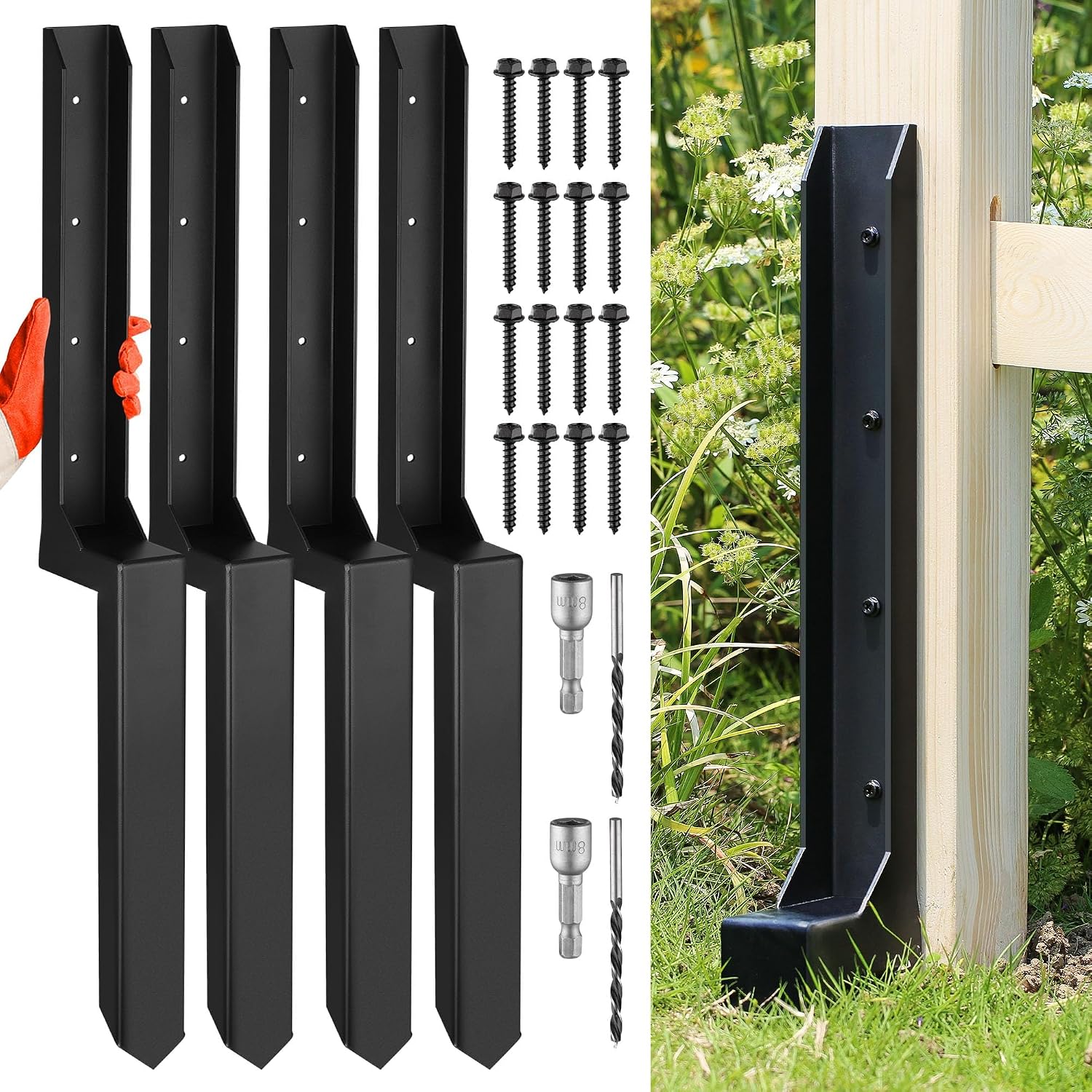 Fence Post Repair Kit, Heavy Duty One-Piece Steel Anchor & Stakes for Repair Broken Tilted Leaning Wood Posts, Rust-Proof Easy Installation, Upgraded 11-Gauge Thickness (4 Pack)