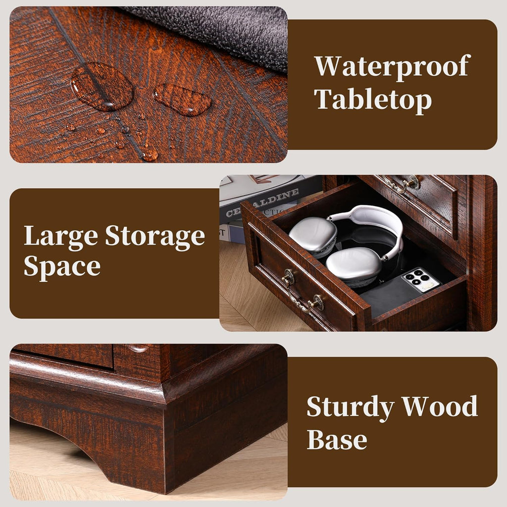 Farmhouse Night Stand with Charging Station, Bedside Table with 3 Drawers Storage and Outlets, Wood Nightstand for Bedroom, Living Room, Closet (Dark Brown)