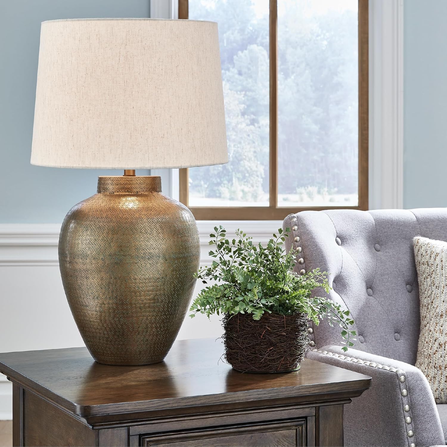 Signature Design by Ashley Madney Contemporary Aluminum Table Lamp with 3-Way Switch, Metallic & Beige
