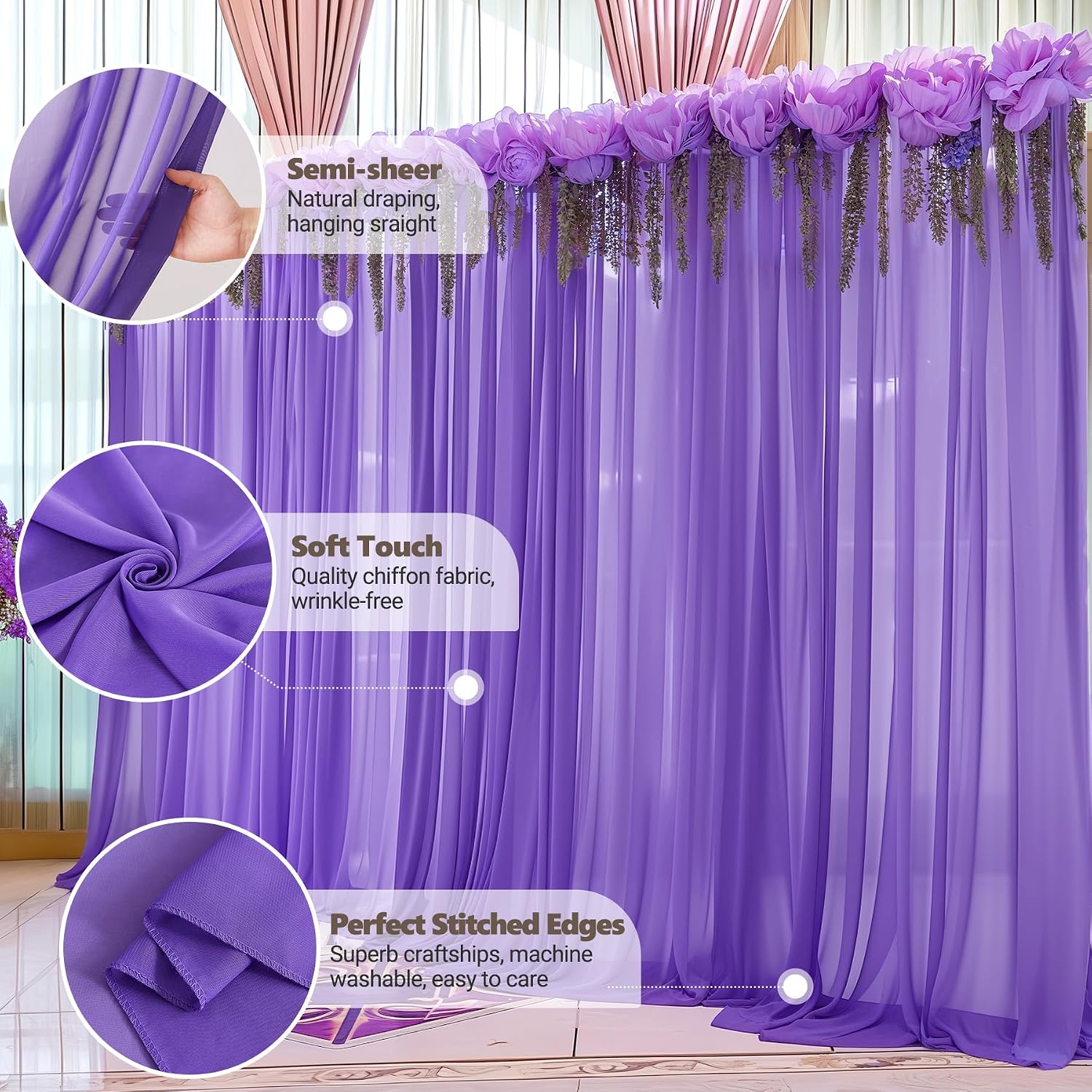 40ft x 10ft Purple Backdrop Curtains, Wrinkle-Free Sheer Chiffon Fabric Photo Backdrop Drapes for Wedding Arch Party Ceremony Stage Photography Decorations
