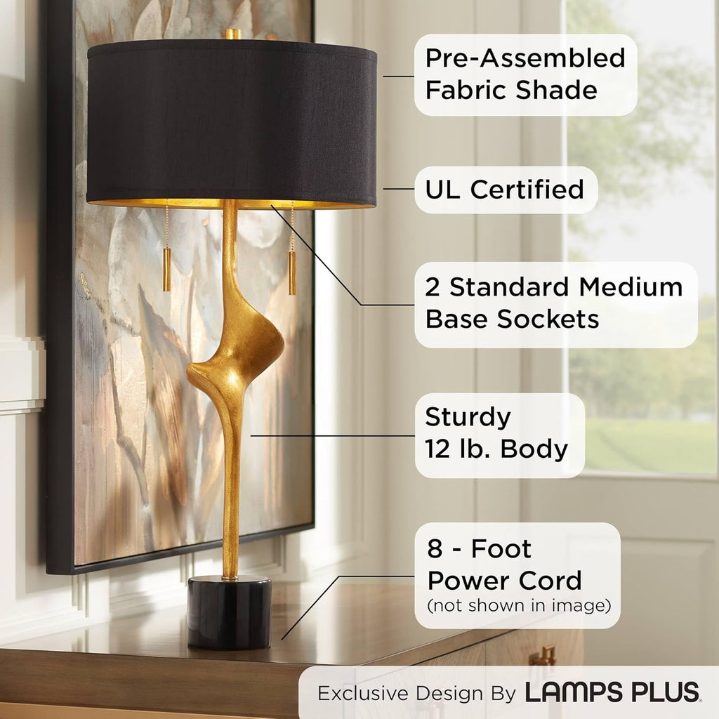 Possini Euro Design Athena Mid Century Modern Buffet Table Lamp 35 1/2' Tall Skinny Sculptural Gold Leaf Metal Abstract Black Drum Shade Decor Bedroom Living Nightstand Bedside Office Kids Room