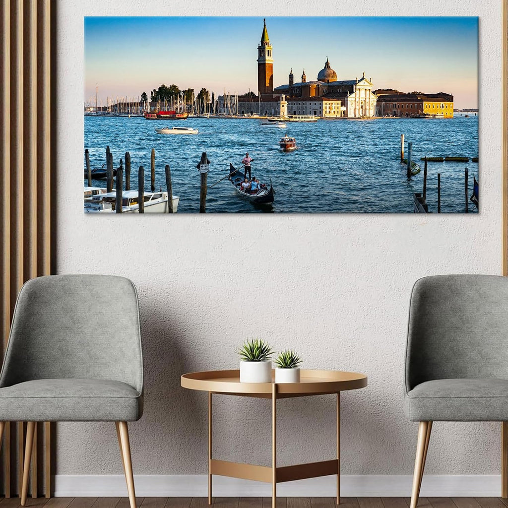 Large Venice Gondola Lagoon Sunset Landscape Wall Art Italian San Giorgio Maggiore Cityscape Canvas Prints Posters European Romantic Travel Relaxing Home Decor Artwork for Bedroom 24x48inch Framed