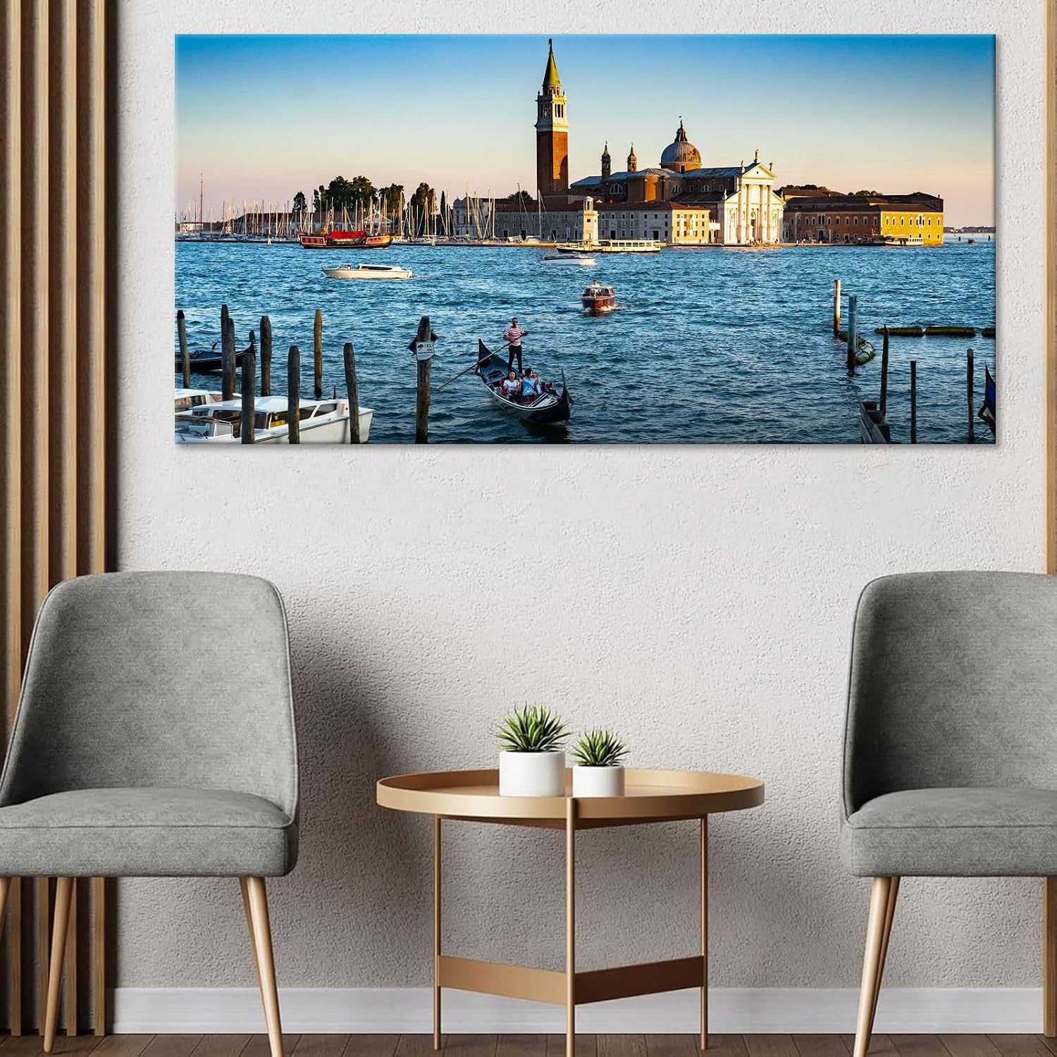 Large Venice Gondola Lagoon Sunset Landscape Wall Art Italian San Giorgio Maggiore Cityscape Canvas Prints Posters European Romantic Travel Relaxing Home Decor Artwork for Bedroom 20x40inch Framed