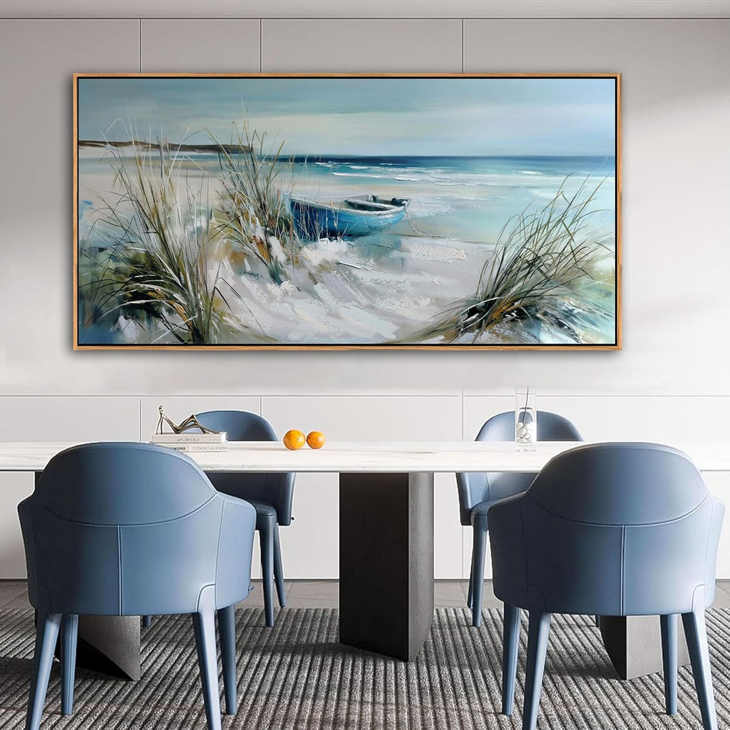 YDYSUNE Large Wall Art Beach Canvas Picture Decor,Blue Coastal Seascape Painting,Boat Landscape Ocean Artwork for Living Room Decoration Framed Size 29x58 Inches