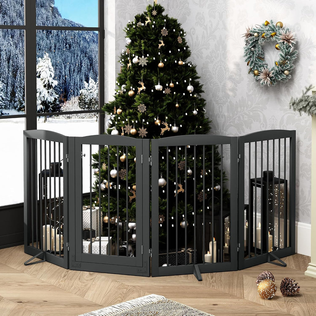 PUPETPO Freestanding Dog Gates with Door Walk Through, Pet Gate for Stairs, 80 inch Wide Gates Indoor, Dog Fences Indoor, Support Feet Included, 4 Panels, 32' Tall, Grey