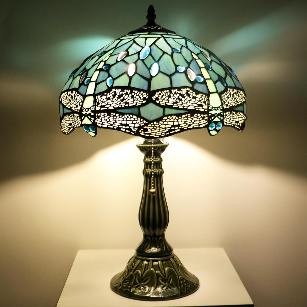 Tiffany Lamp Stained Glass Table Lamps Sea Blue Dragonfly Style Desk Lamp 12X12X18.5 Inch Bronze Ceramic Base Reading Light Suitable for Bedside Bedroom Living Room Dining Room Office