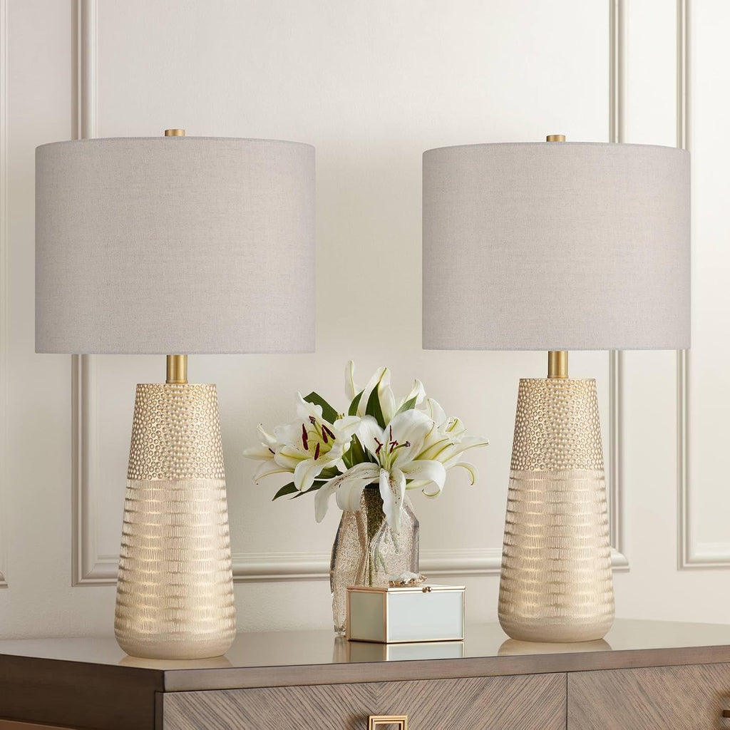 360 Lighting Mira 25 1/4' High Modern Table Lamps Set of 2 Textured Gold Finish Fabric Oatmeal Shade Living Room Bedroom Bedside Nightstand House Office Home Reading Kitchen Entryway Console