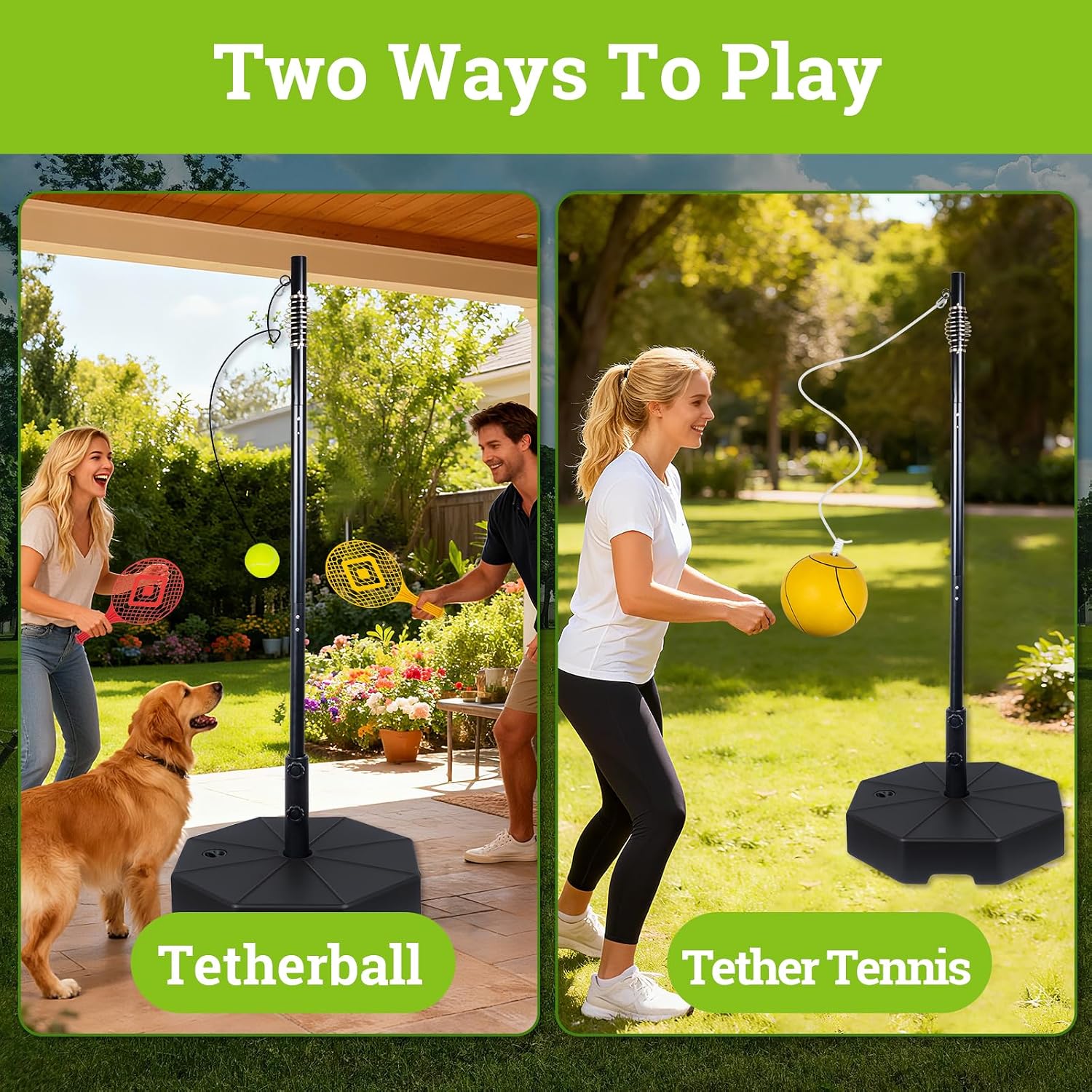 Tetherball Tennis&Tetherball Set with Sturdy Base,Tetherball Equipment for Backyard,with 9.83 Feet Adjustable Height Pole,2 Tennis Balls,2 Rackets,1 Tetherball with Rope,Fun Family Lawn Game (Black)