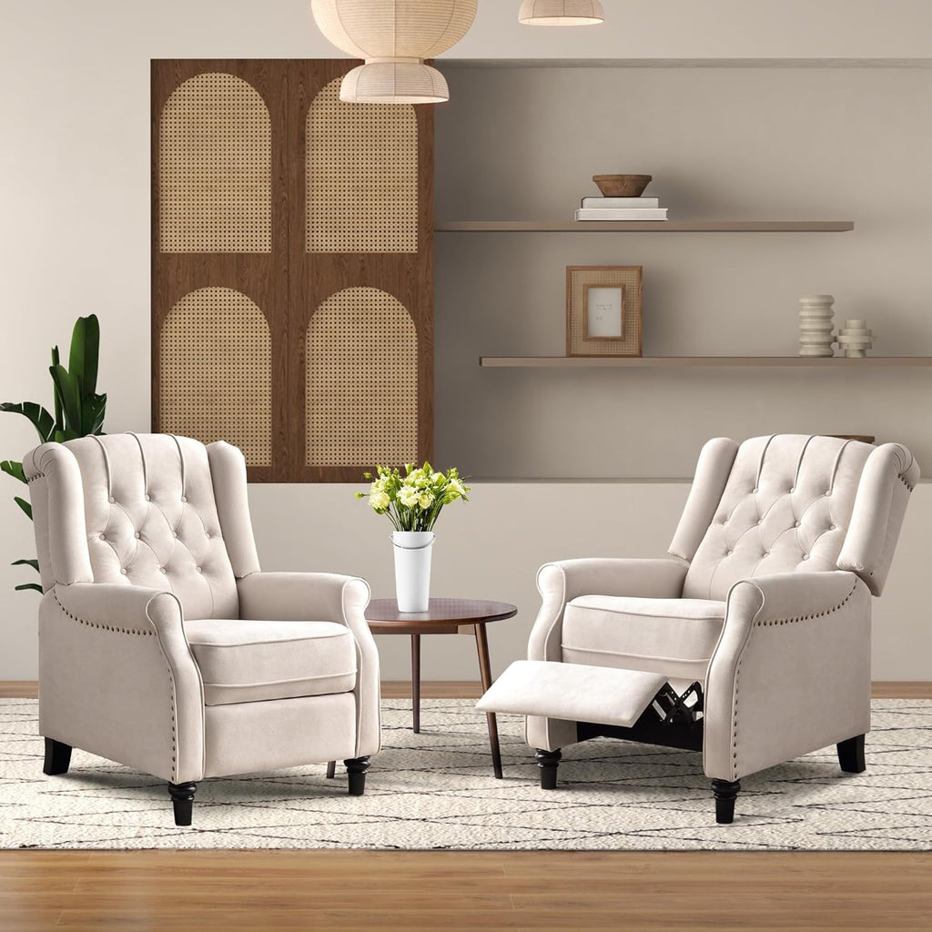 Bonzy Home Wingback Chairs Set of 2, Mid Century Modern Living Room Chairs, Fabric Push Back Recliner Chair with Rivet Decoration, Button-Tufted Back, Solid Wood Legs, Beige