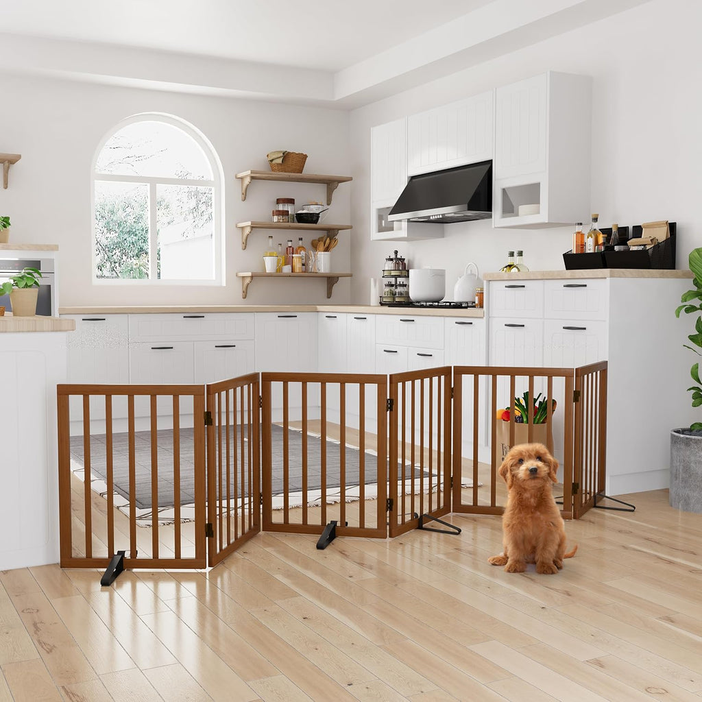 Semiocthome Walnut Dog Gates for Doorways, 6-Panel Freestanding Dog Gate Indoor for the House Stairs, 24' H Foldable Wooden Pet Gates with 4PCS Metal Stands, Expands Up to 110' (W)