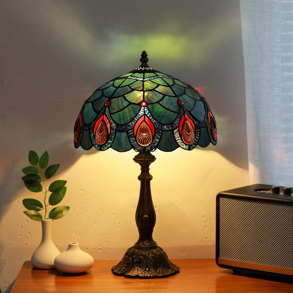 Tiffany Lamps Blue Peacock Tail Style Stained Glass Table Lamp Desk Bedside Reading Light 12X12X18.5 Inches with Bronze Resin Base Applicable to Bedroom Living Room Office