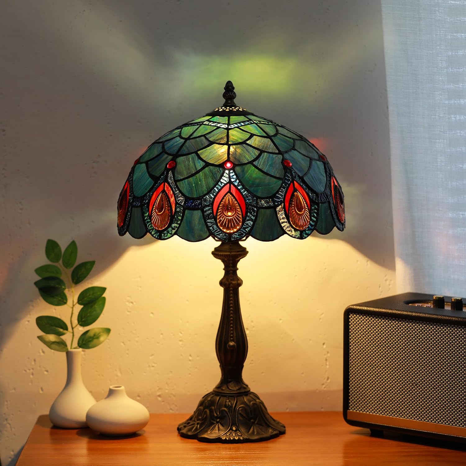 Tiffany Lamps Blue Peacock Tail Style Stained Glass Table Lamp Desk Bedside Reading Light 12X12X18.5 Inches with Bronze Resin Base Applicable to Bedroom Living Room Office