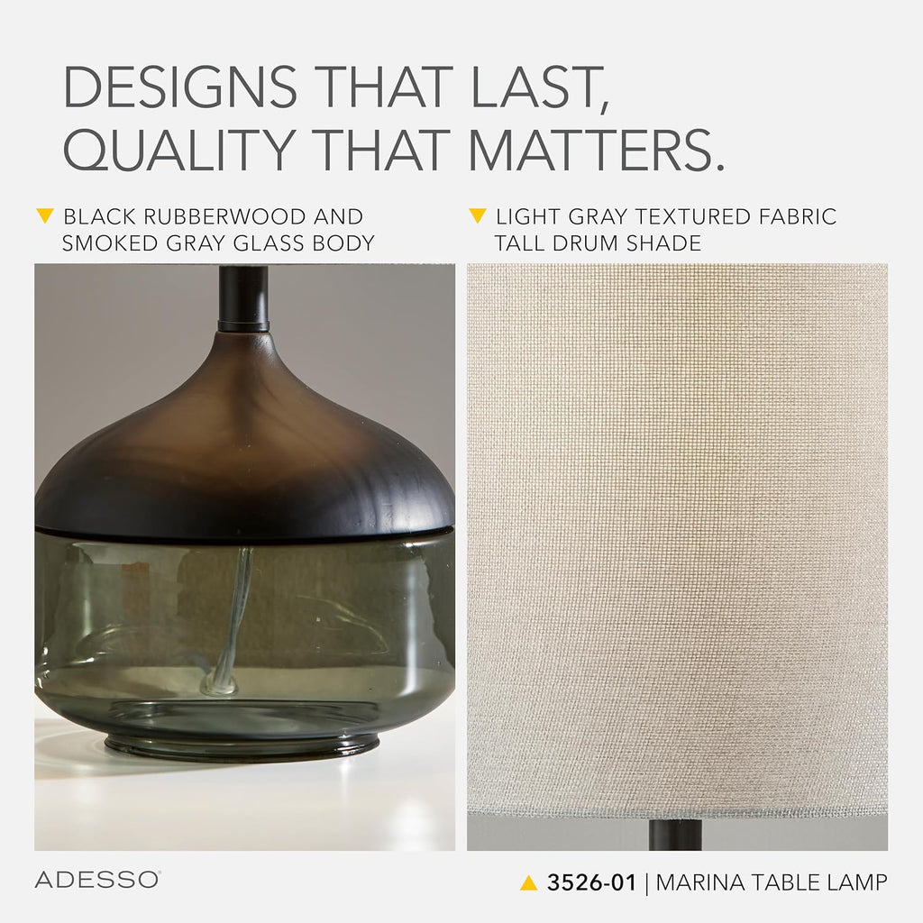 Adesso Table Lamp with Smoked Glass, Black Wood Base and Grey Fabric Lampshade – Bedside Table, Home Office Lighting or Living Room Decor, 16.25' x 7.5'