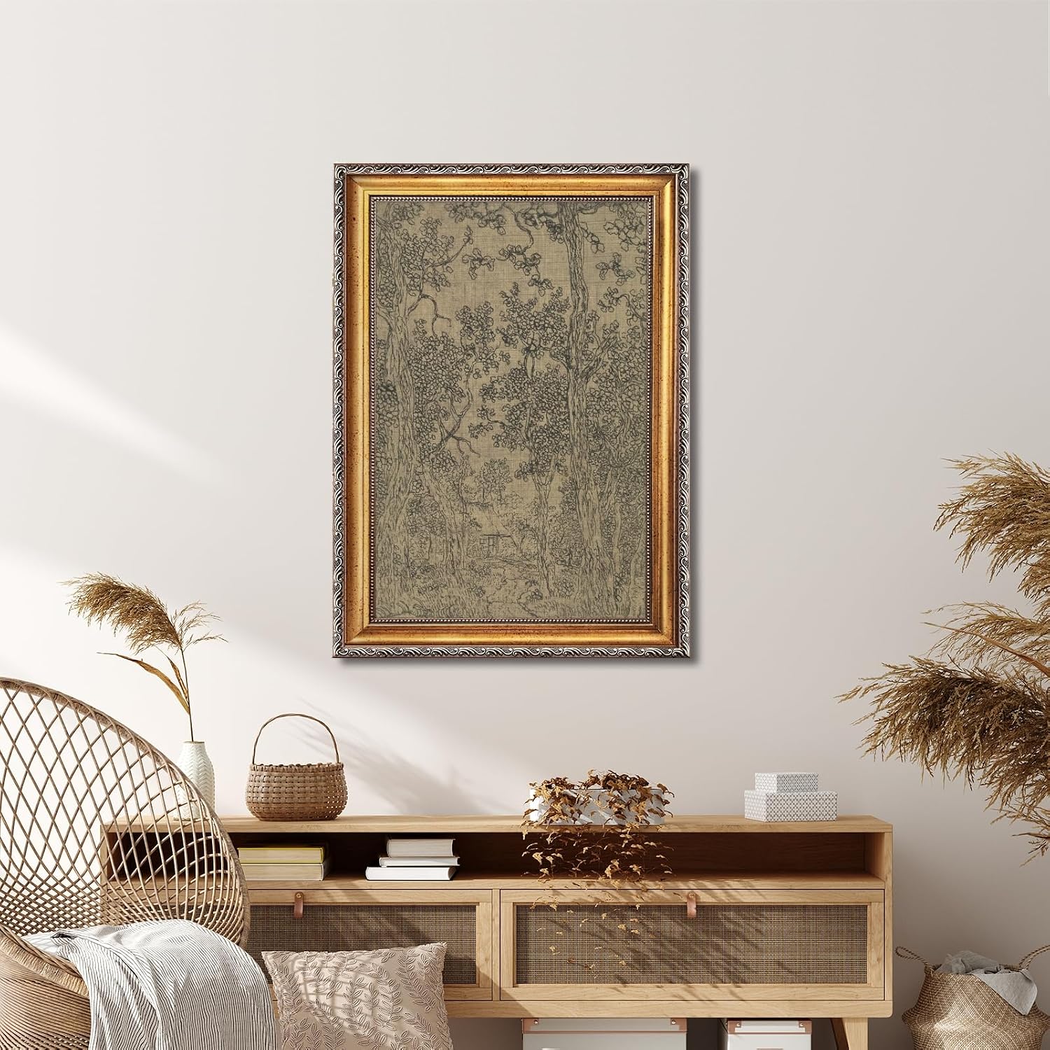 Retro Gold Framed Landscape Sketch Canvas Wall Art Vintage Classic Mystical Forest Moody Woodland Painting Poster Antique Dark Drawing French Country Farmhouse Print Artwork Home Decor 20x30inch