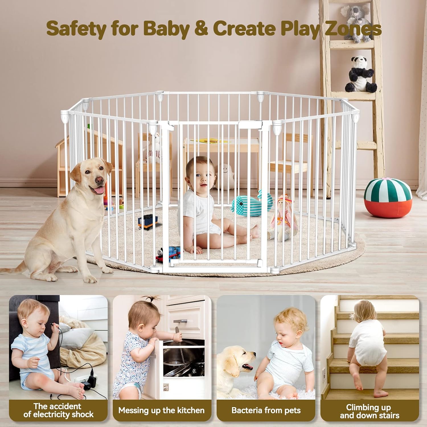 Baby Gate 27.5'-199' Extra-Wide Playpen with Stands Child Safety Fence | Play Yard, Dog Gate with Auto-Close Door, Double Locking System for Fireplace, Foldable 8 Panels, White 29' Height