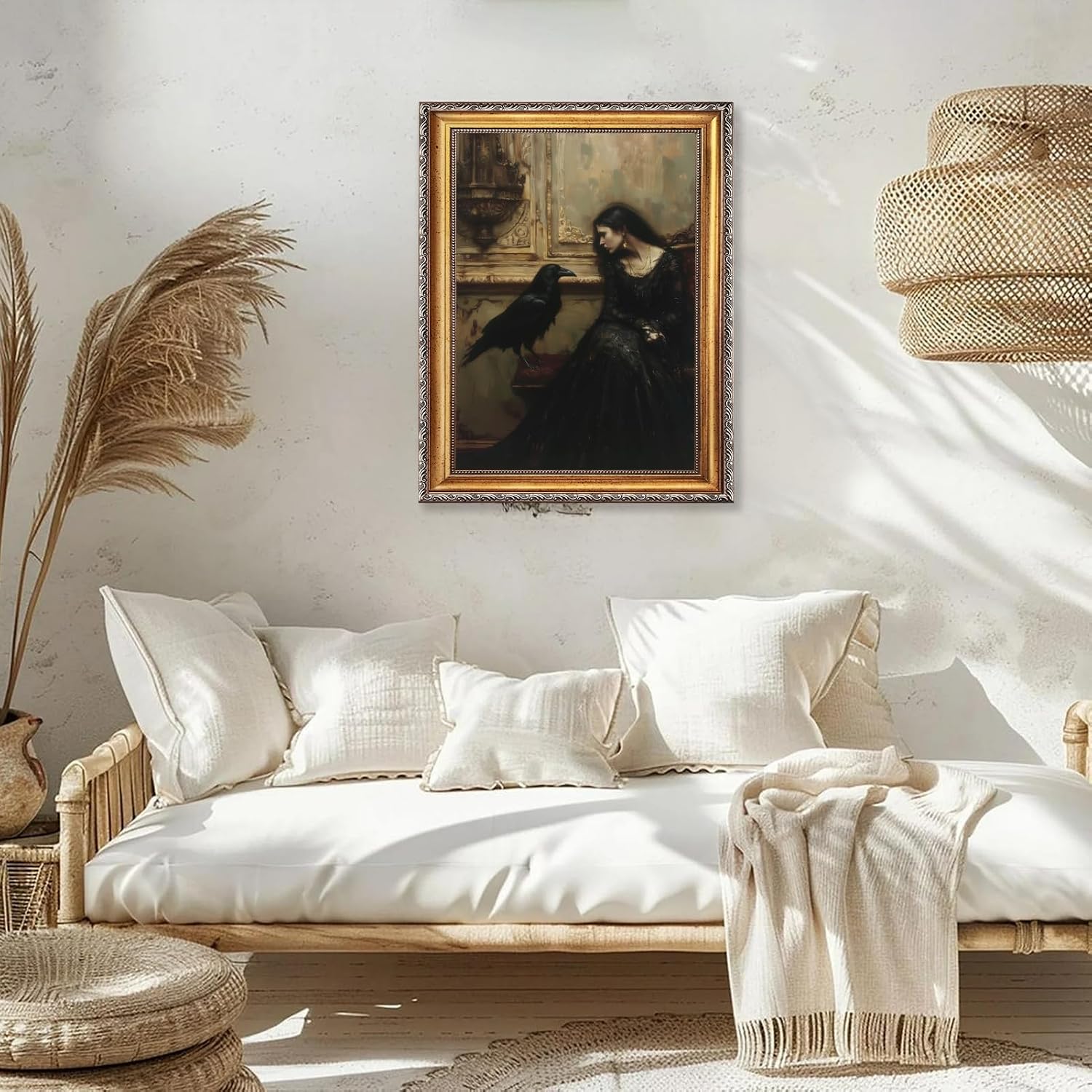 Licpach Retro Gold Frame Wall Art Vintage Gothic Woman Raven Dark Academia Decor Canvas Print Moody Victorian Portrait Painting Horror Aesthetic Artwork Witchy Poster for Bedroom Bathroom 24x36inch