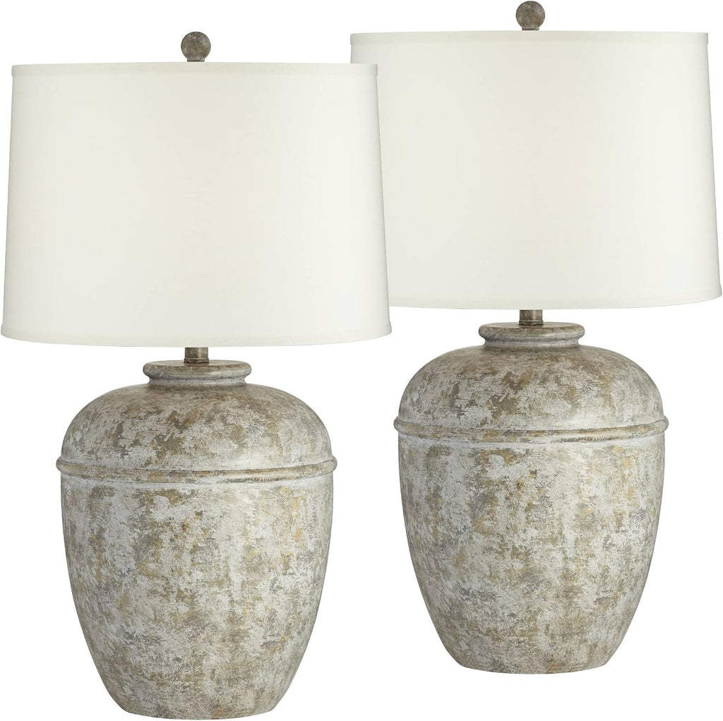 John Timberland Otero 27' Tall Jug Farmhouse Rustic Country Cottage Core Southwestern Table Lamps Set of 2 Mottled Stone Finish Living Room Bedroom Bedside Nightstand House Office Home Cream Shade