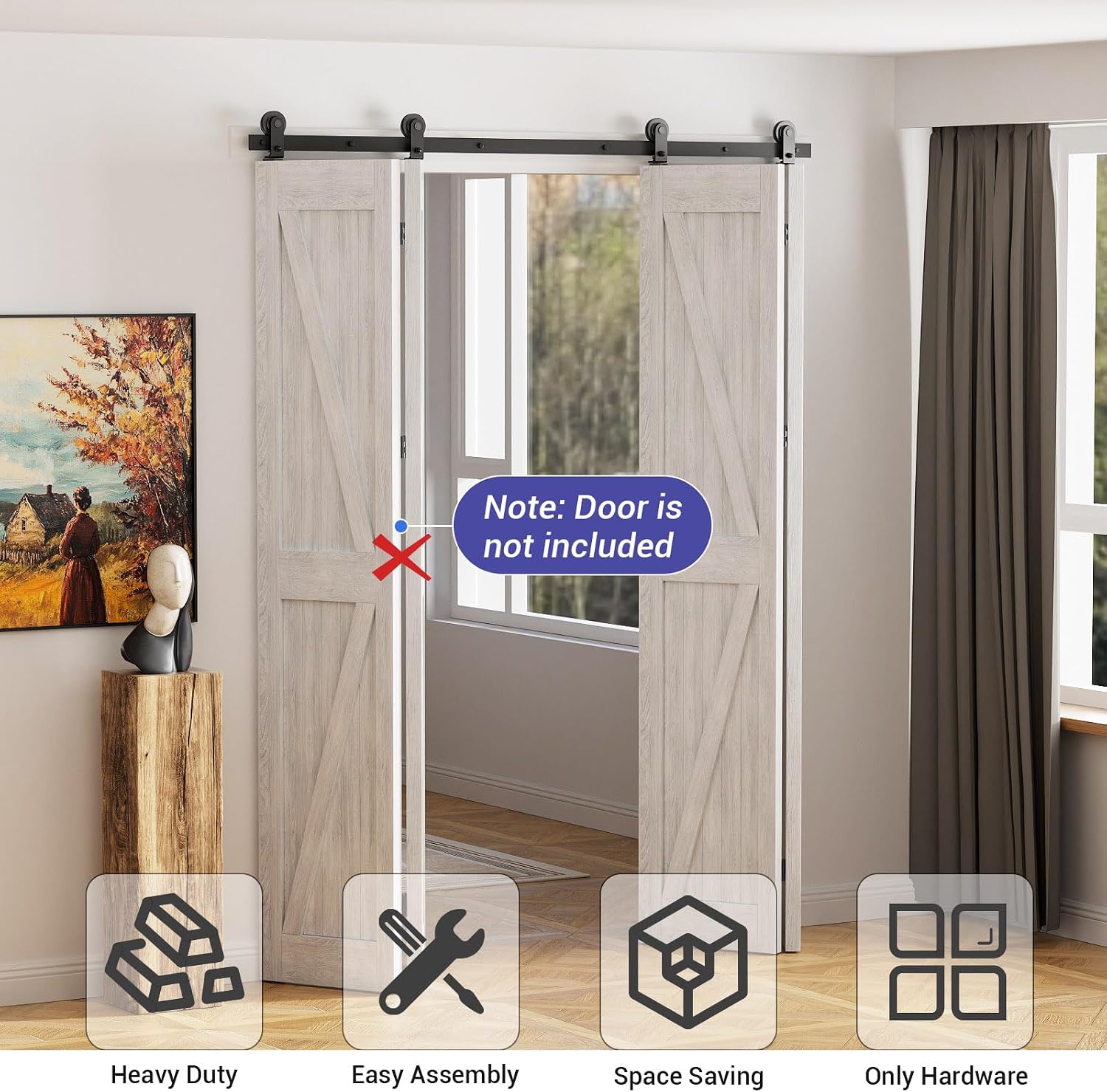 CCJH 48' Bi-Folding Sliding Barn Door Hardware Kit for 4 Doors,Slide Smoothly Quietly,Black Track Top Mount Roller,No Door