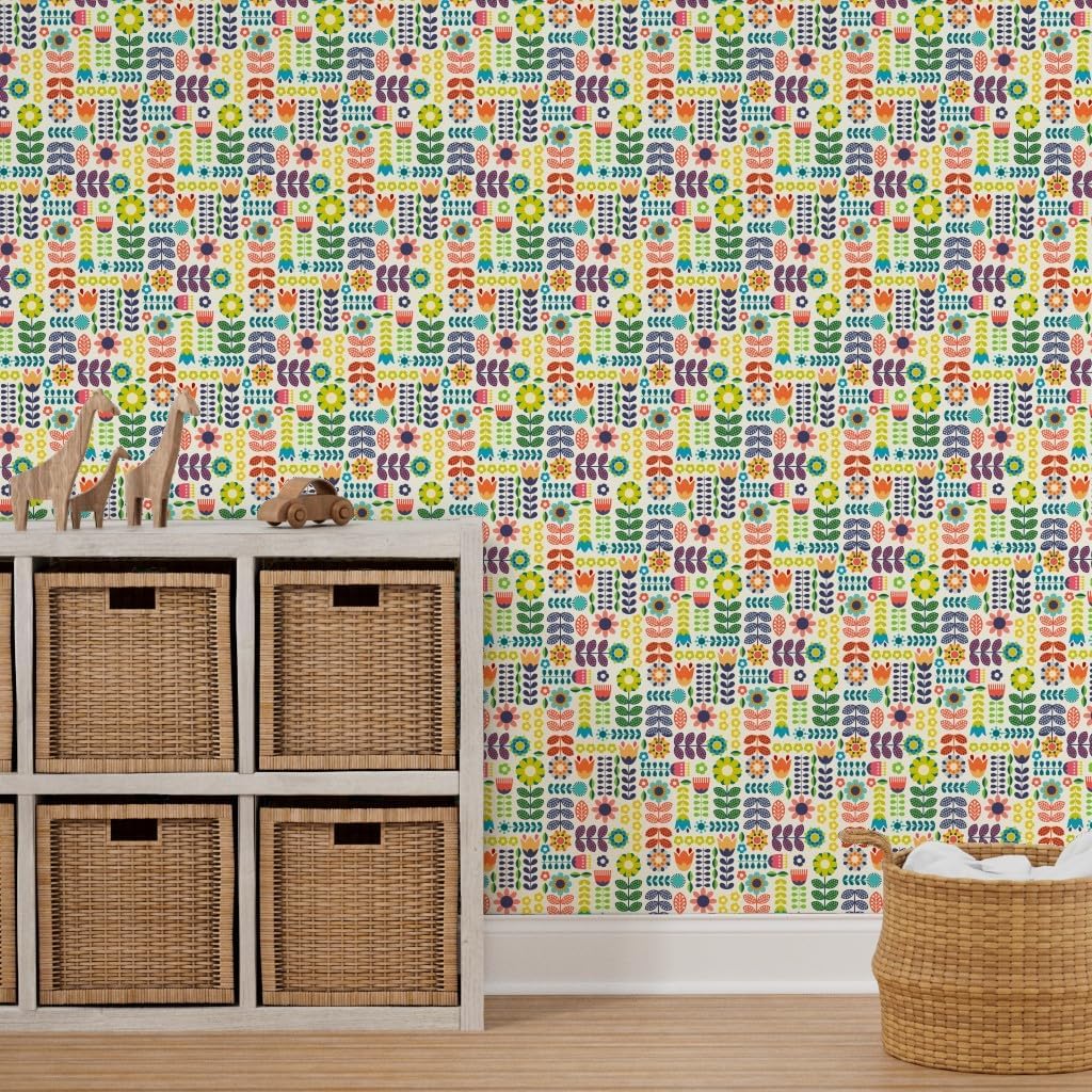 Spoonflower Swedish Folk Art Peel and Stick Removable Wallpaper | Roll 24' x 144' | Hygge Rainbow Floral Cute Modern | Self-adhesive, removable and renter-friendly