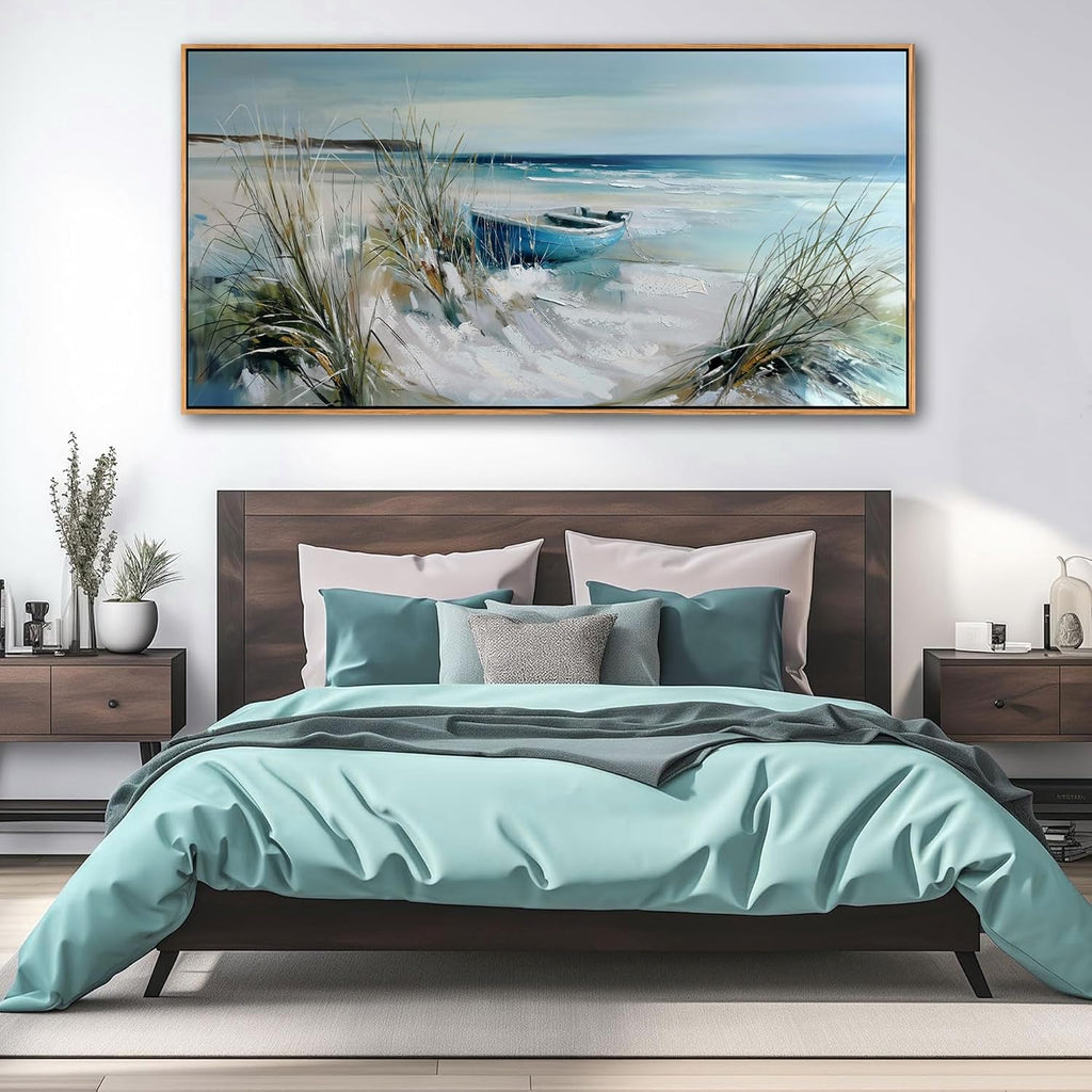 YDYSUNE Large Wall Art Beach Canvas Picture Decor,Blue Coastal Seascape Painting,Boat Landscape Ocean Artwork for Living Room Decoration Framed Size 29x58 Inches