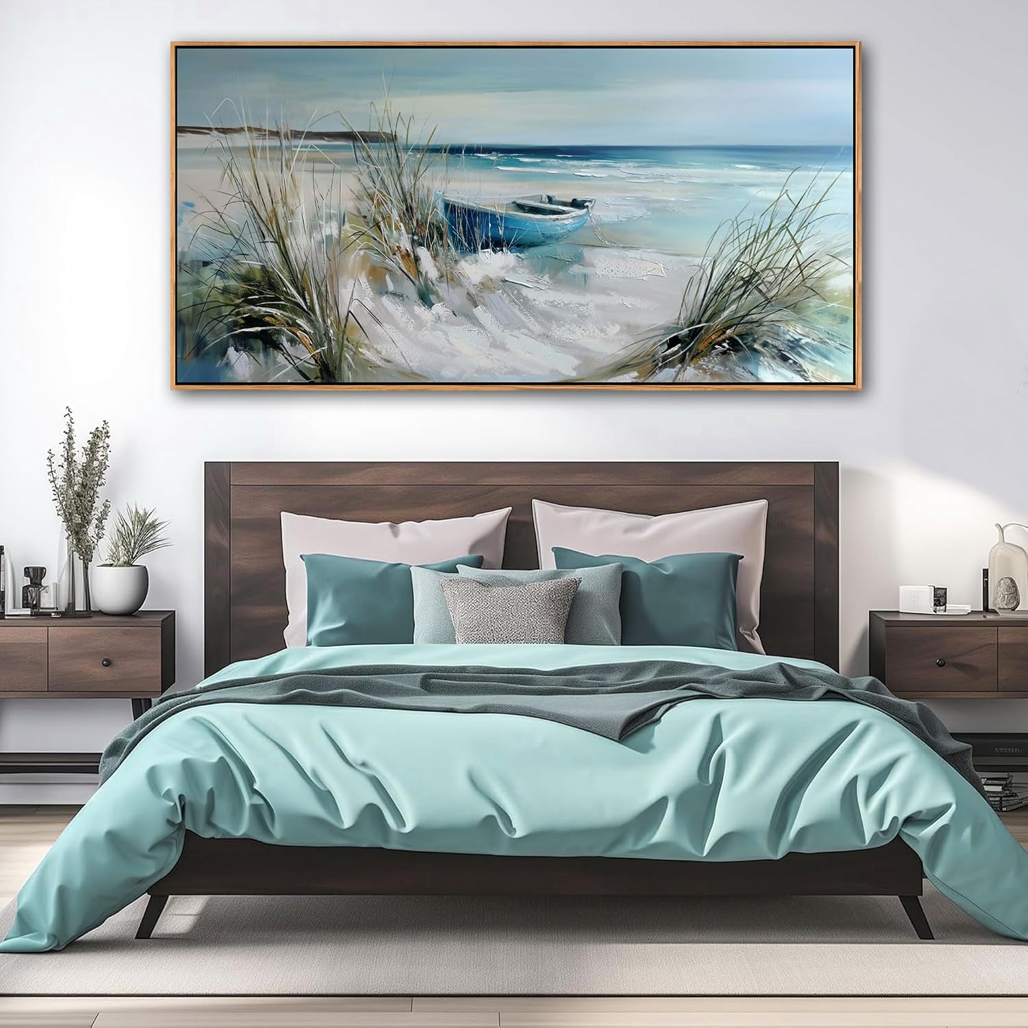 YDYSUNE Large Wall Art Beach Canvas Picture Decor,Blue Coastal Seascape Painting,Boat Landscape Ocean Artwork for Living Room Decoration Framed Size 29x58 Inches