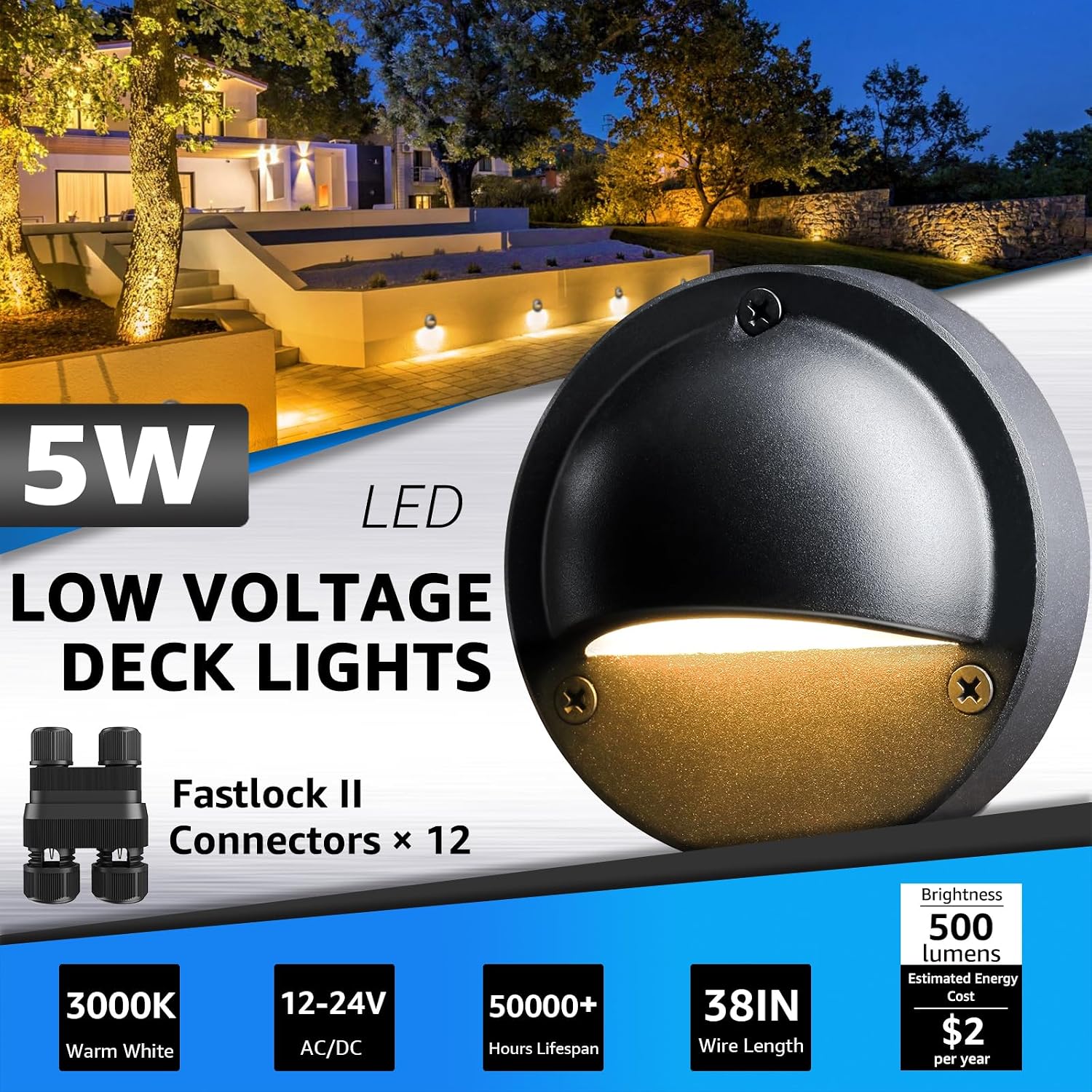 SUNVIE 5W LED Low Voltage Deck Lights with Fastlock2 Wire Connectors 12-24V AC/DC Low Voltage Landscape Lighting 3000K Warm White Step Lights Outdoor IP65 Waterproof for Deck Steps Fence Post, 12 Pack