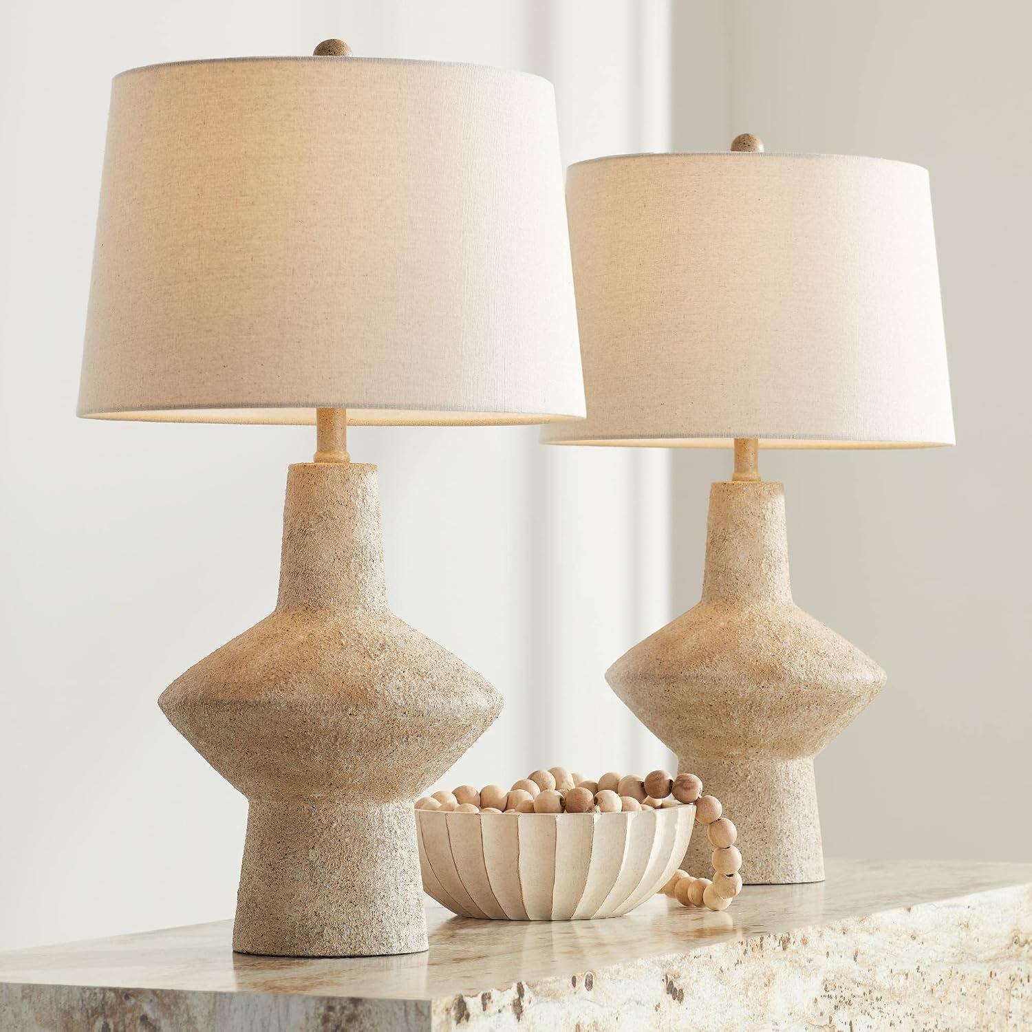 360 Lighting Cozumel 26 3/4' Tall Geometric Rustic Mid Century Modern Coastal Table Lamps Set of 2 Beige Living Room Bedroom Bedside Nightstand House Office Home Reading Off-White Shade